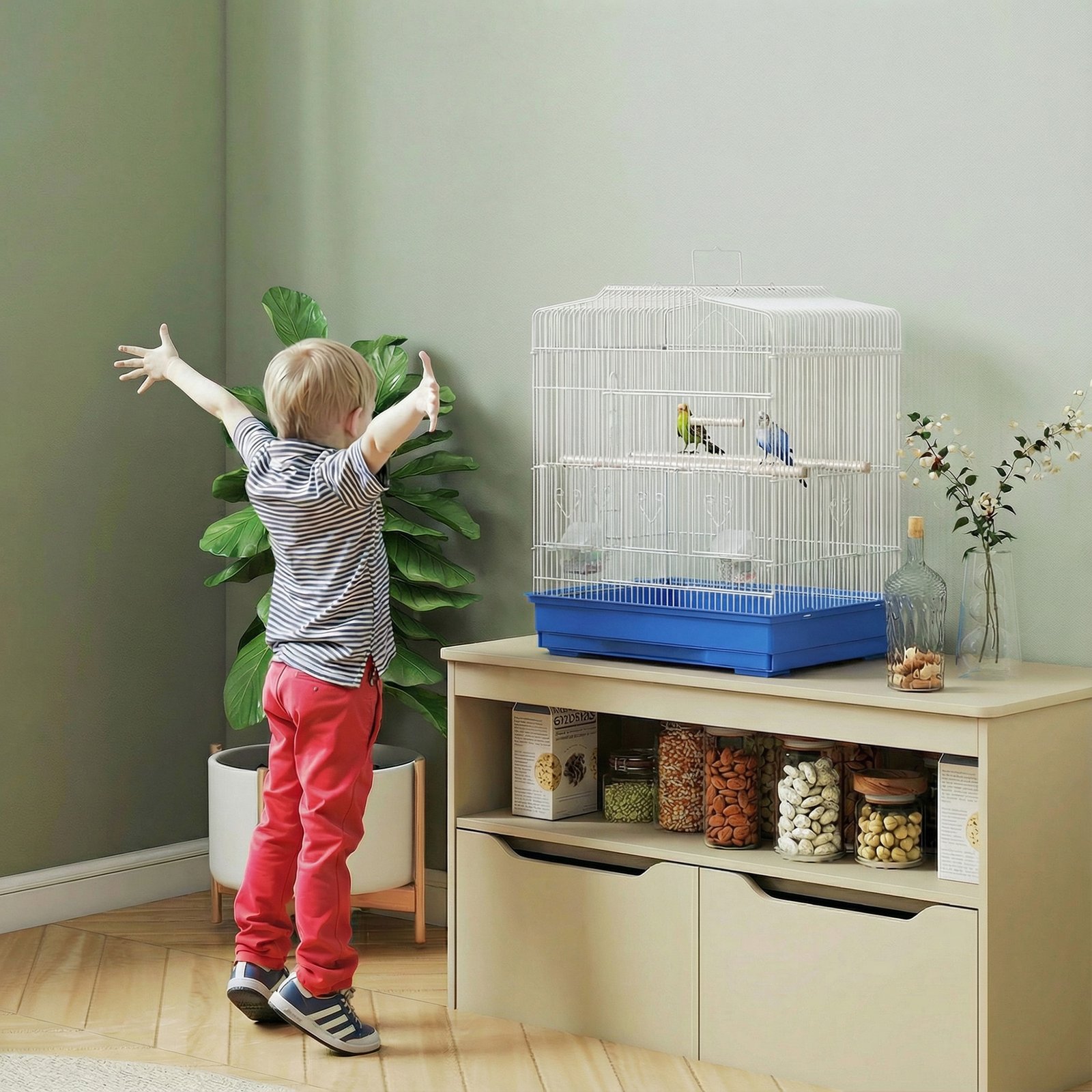 Large Metal Bird Cage with Perches, Food Bowls, Swing, for Budgies, Finches, Blue