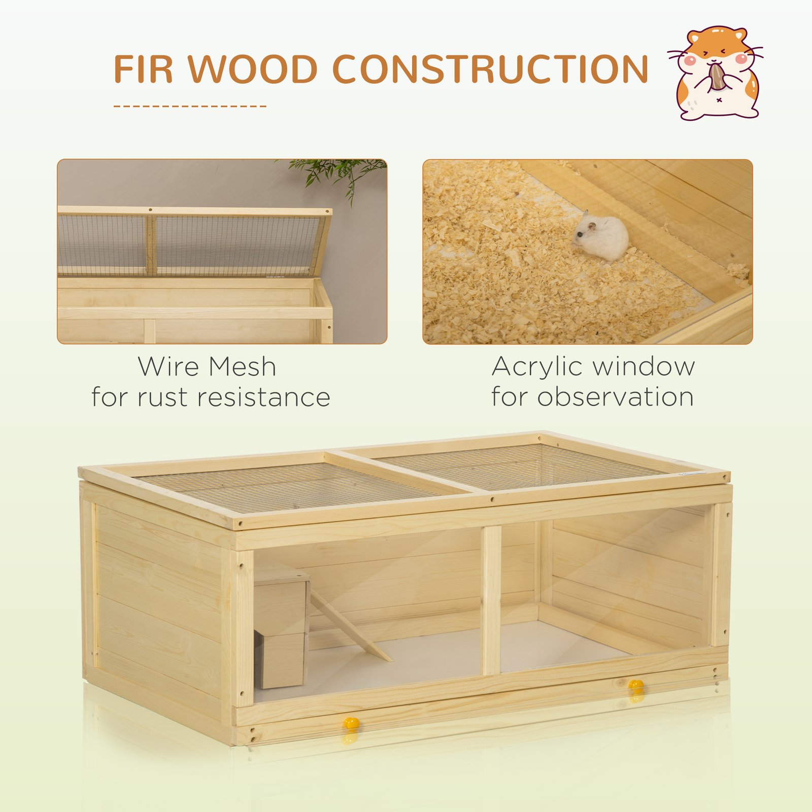 Wooden Hamster Cage with Sliding Tray, Openable Top, Hut for Syrian Hamster, Natural Wood Finish
