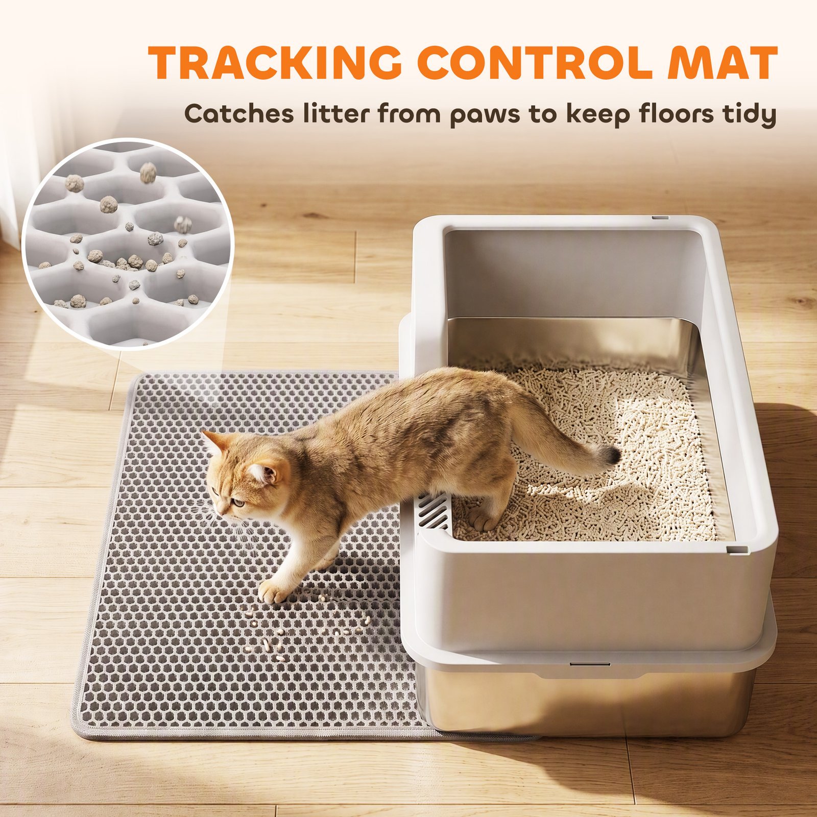 XL Stainless Steel Cat Litter Tray with Lid, High Sided Cat Litter Box with Scoop and Mat, Light Grey
