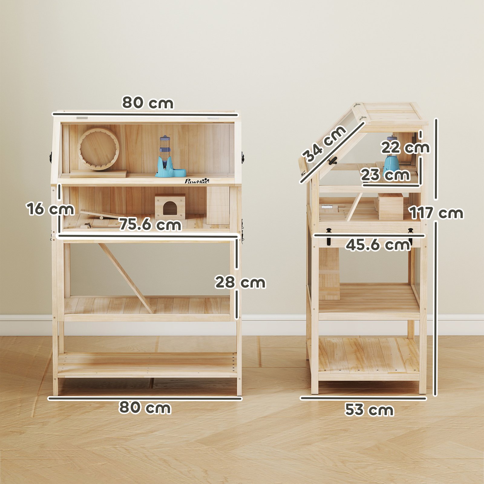 Wooden Hamster Cage with Detachable Lower Floor, Storage Shelf, Hut, Seesaw, Exercise Wheel, Ramps for Hamster