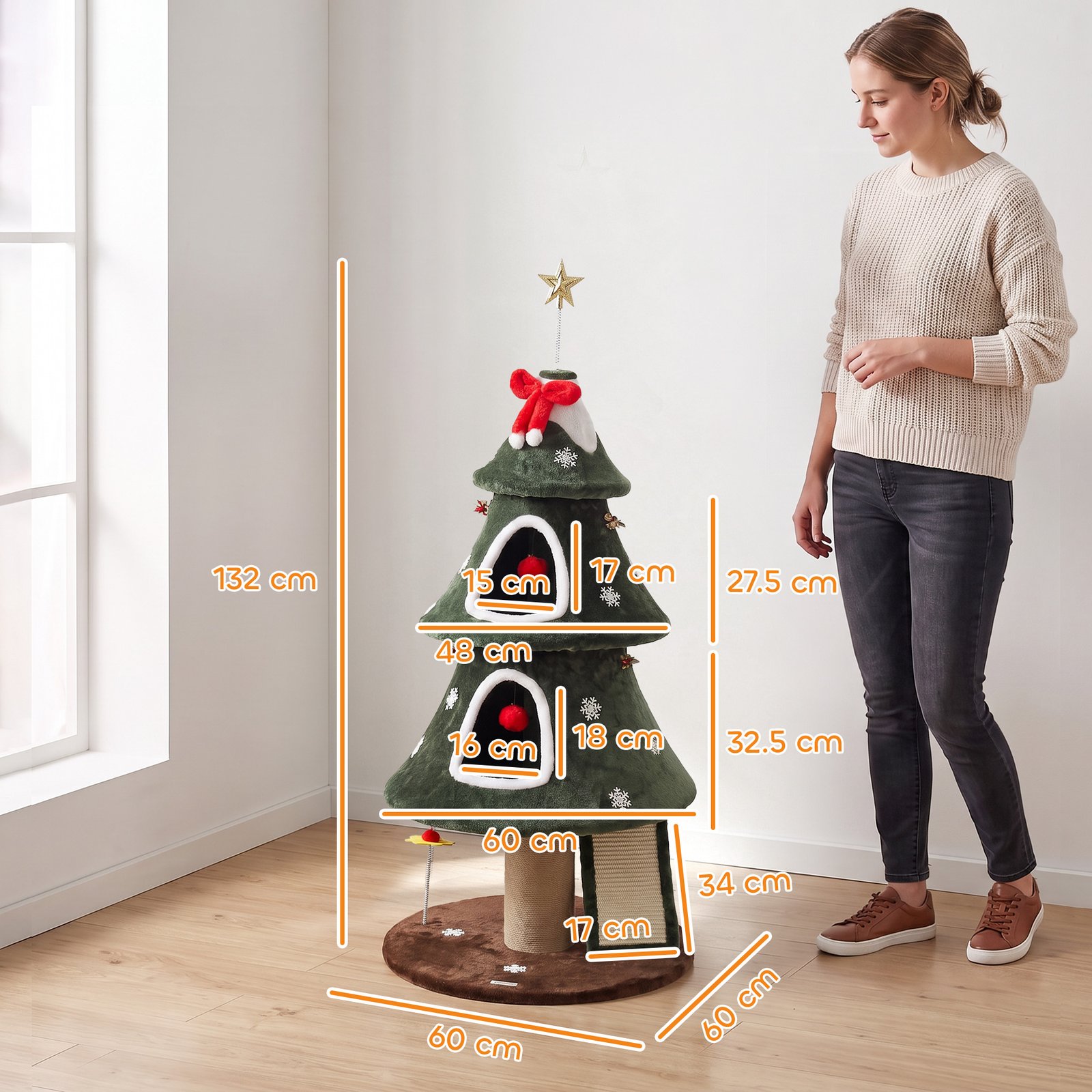 Cat Tree, Christmas Cat Tower with Dual Condos, Sisal Ladder, Jute Posts, Anti-Tip Rope, Hanging Balls, 60 x 60 x 132 cm