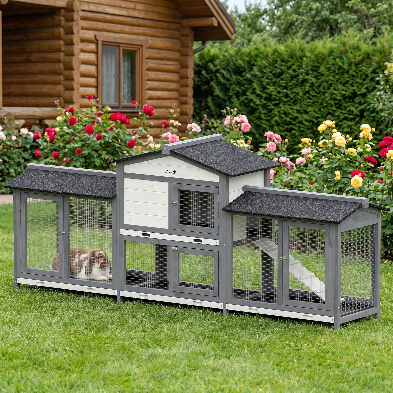2-Tier Large Rabbit Hutch Outdoor with Double Side Run Boxes, No-leak Plastic Tray, Ramp, 230 x 53 x 93.5cm, Light Grey
