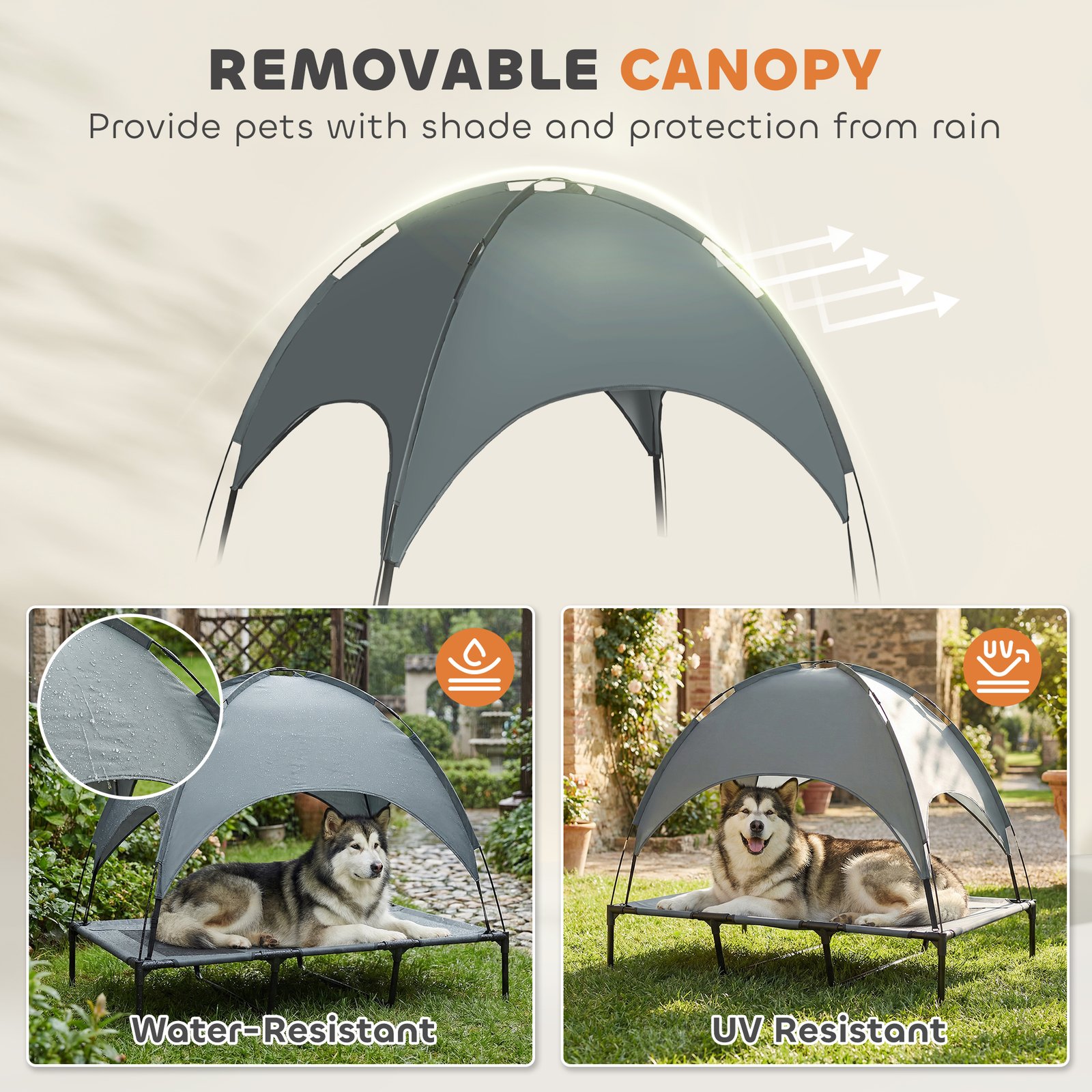 Outdoor Dog Bed with Removable Canopy, Portable Raised Dog Bed for Camping, Garden & Beach, Water-Resistant UV-Protection Mesh Pet Cot Sun Lounger, for XL Pets, 122 x 92 x 108 cm, Grey