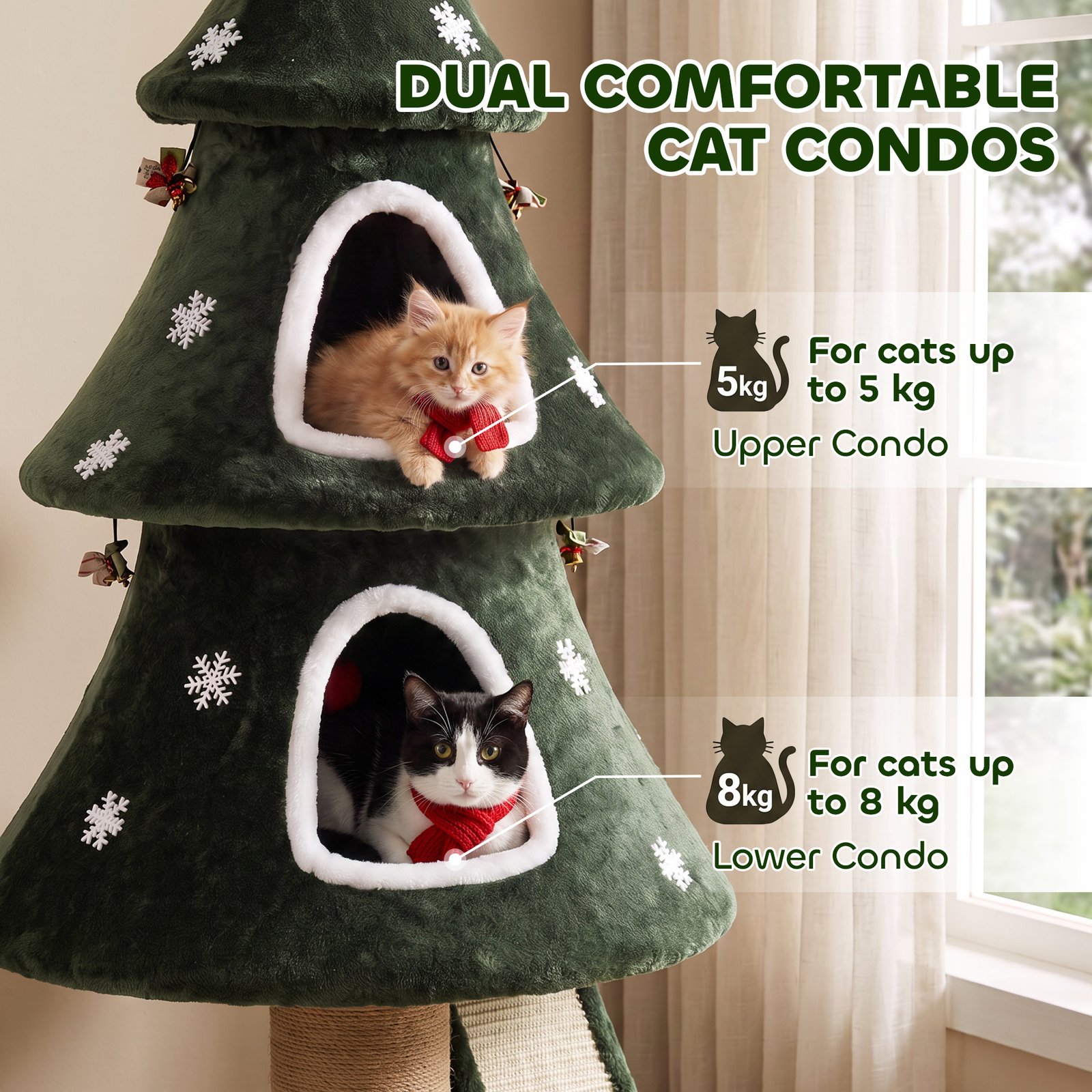 Cat Tree, Christmas Cat Tower with Dual Condos, Sisal Ladder, Jute Posts, Anti-Tip Rope, Hanging Balls, 60 x 60 x 132 cm