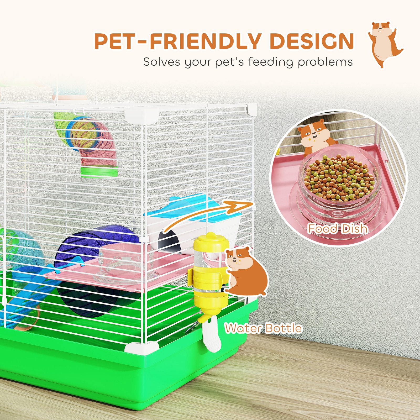 2 Tier Hamster Cage, Gerbil Cage with Handle, Exercise Wheels, Tunnel, Water Bottle, Dishes, Ladder, for Dwarf
