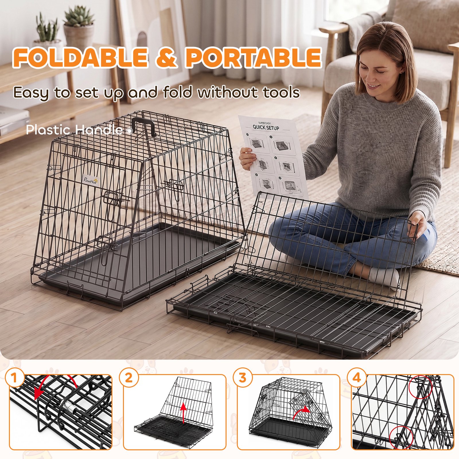 30"(76 cm) Car Dog Crate Collapsible Slanted Travel Small Dog Cage with Tray & Handle 76L x 48W x 53H cm