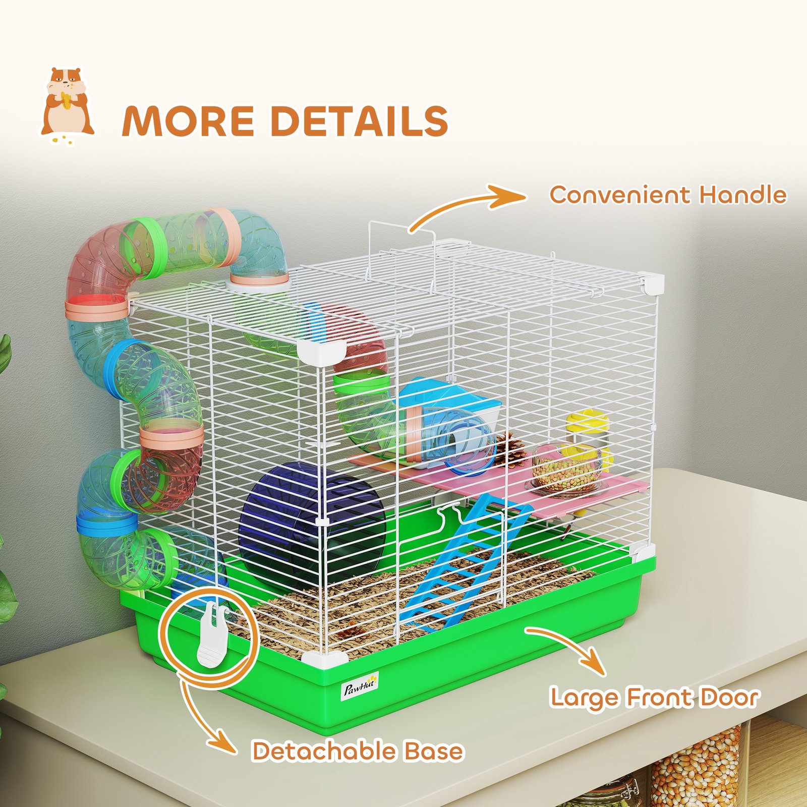 2 Tier Hamster Cage, Gerbil Cage with Handle, Exercise Wheels, Tunnel, Water Bottle, Dishes, Ladder, for Dwarf