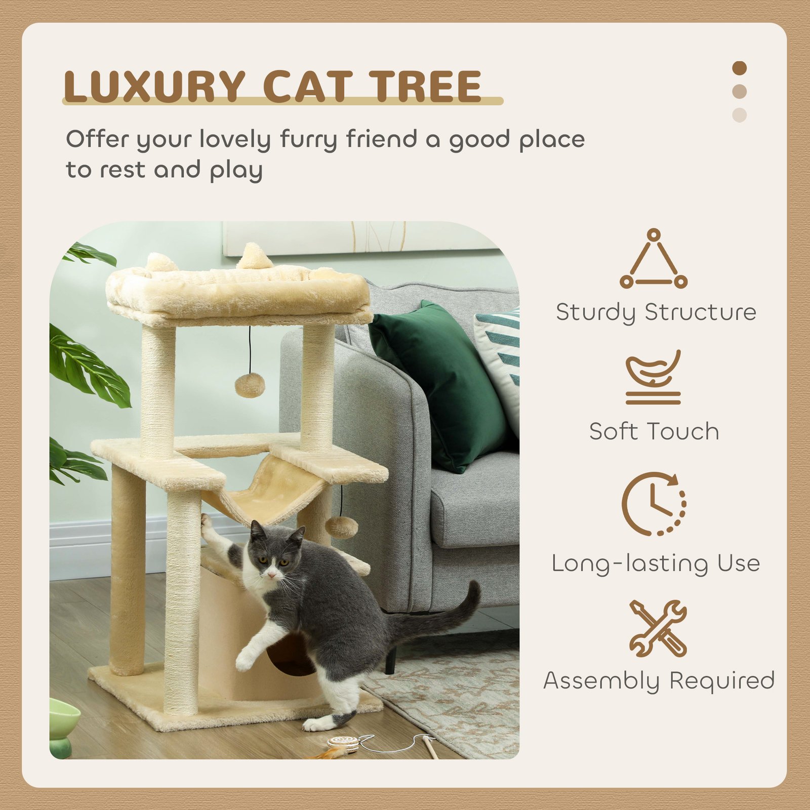 Cat Tree, 90cm Cat Tower with Sisal Scratching Posts, Cat Condo, Hammock, Top Perch and 2 Hanging Toys for Cats, Beige