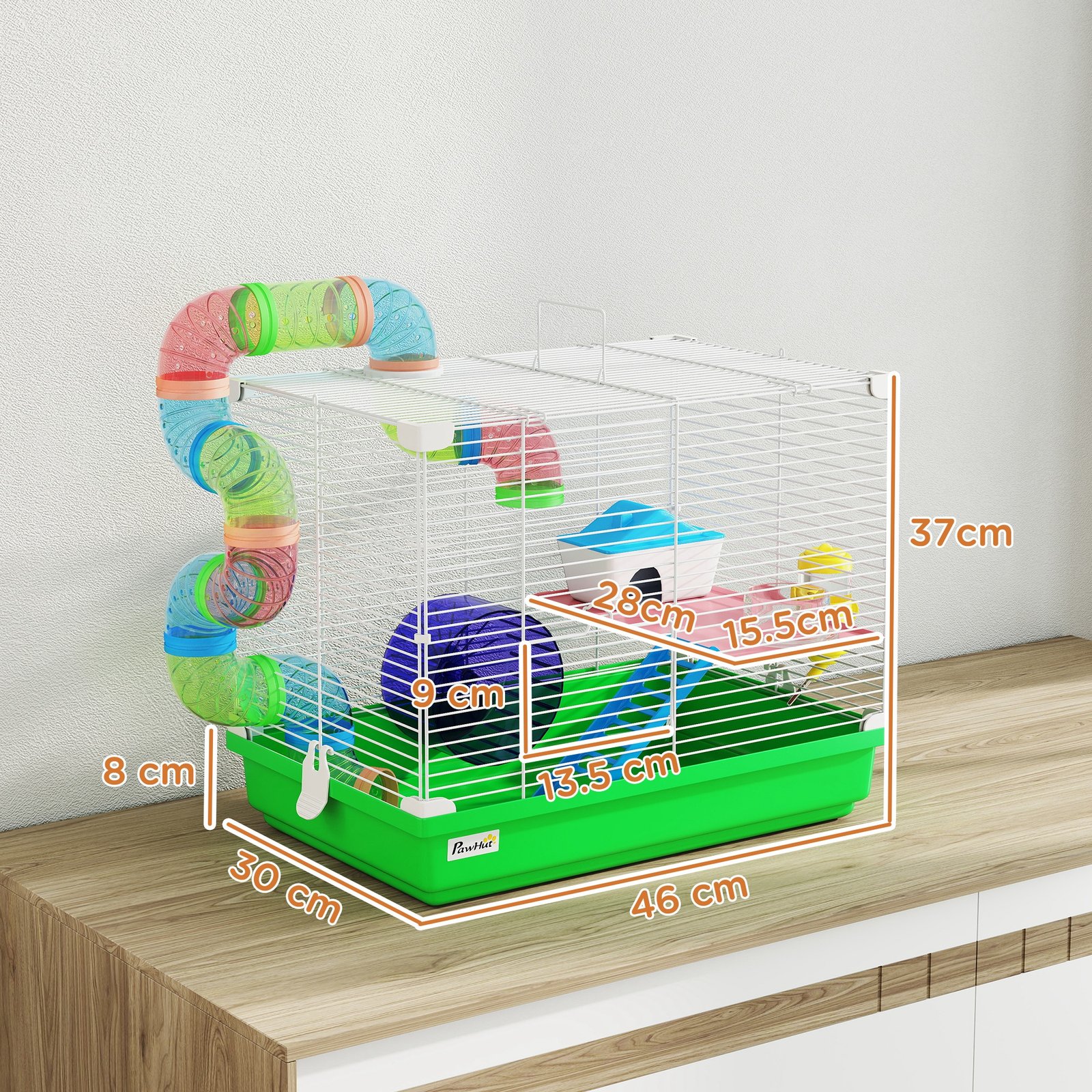 2 Tier Hamster Cage, Gerbil Cage with Handle, Exercise Wheels, Tunnel, Water Bottle, Dishes, Ladder, for Dwarf