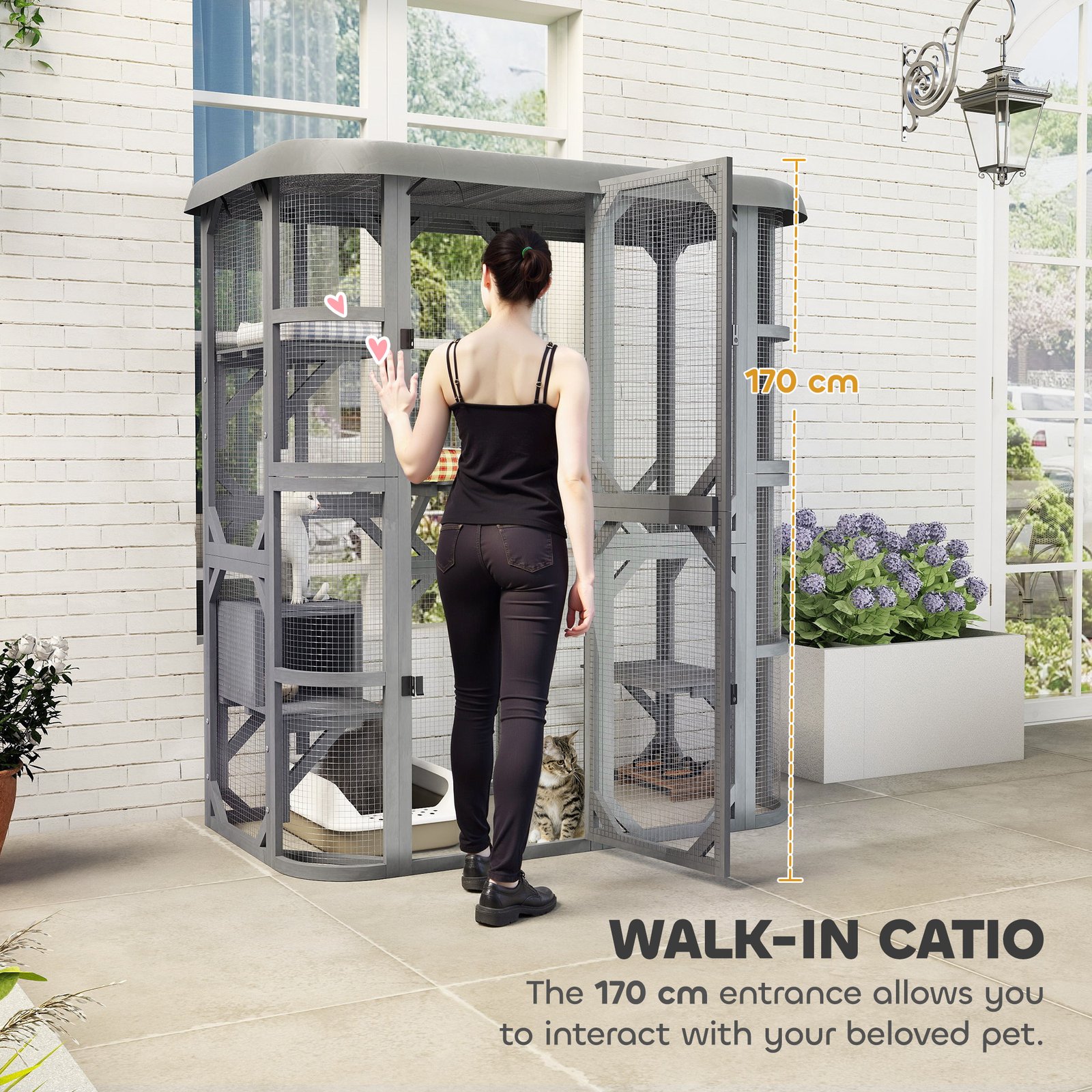 Catio Outdoor Cat Enclosure, Wooden Cat House with Platforms, Condo and Waterproof Cover for 2–3 Kittens, Grey