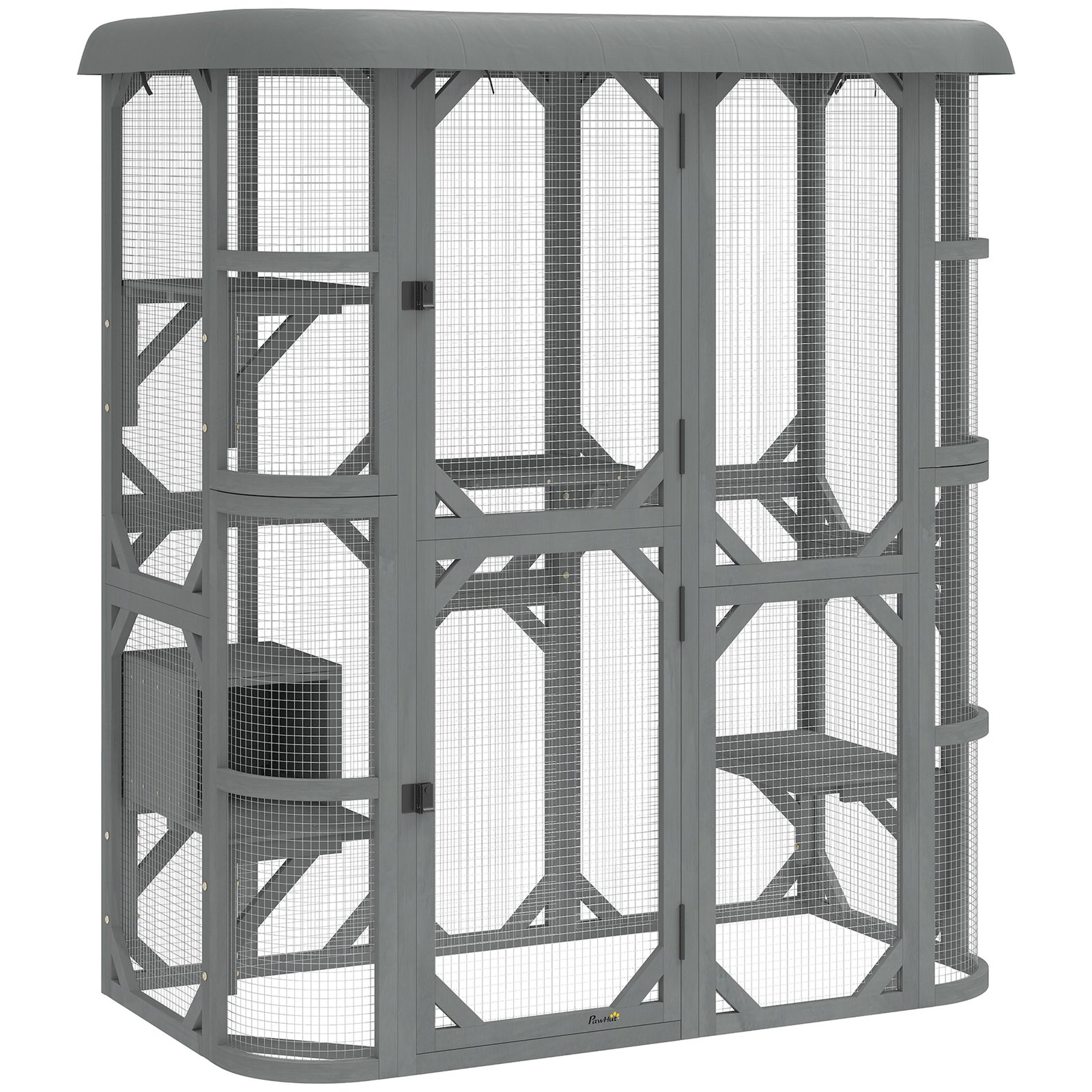 Catio Outdoor Cat Enclosure, Wooden Cat House with Platforms, Condo and Waterproof Cover for 2–3 Kittens, Grey