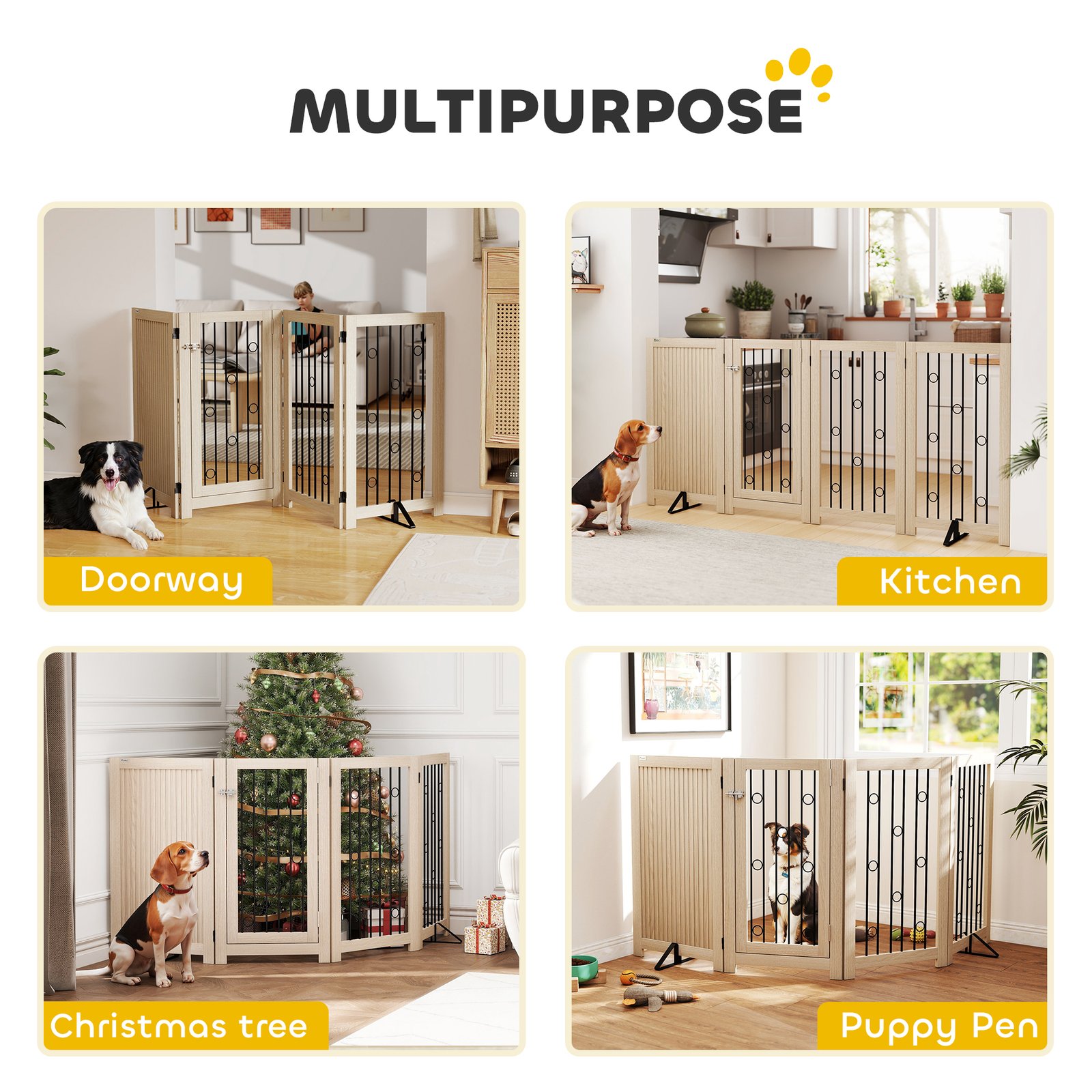 4 Panel Freestanding Pet Gate, Indoor Dog Barrier with Lockable Door, Support Feet, 360° Flexible Hinges, Oak
