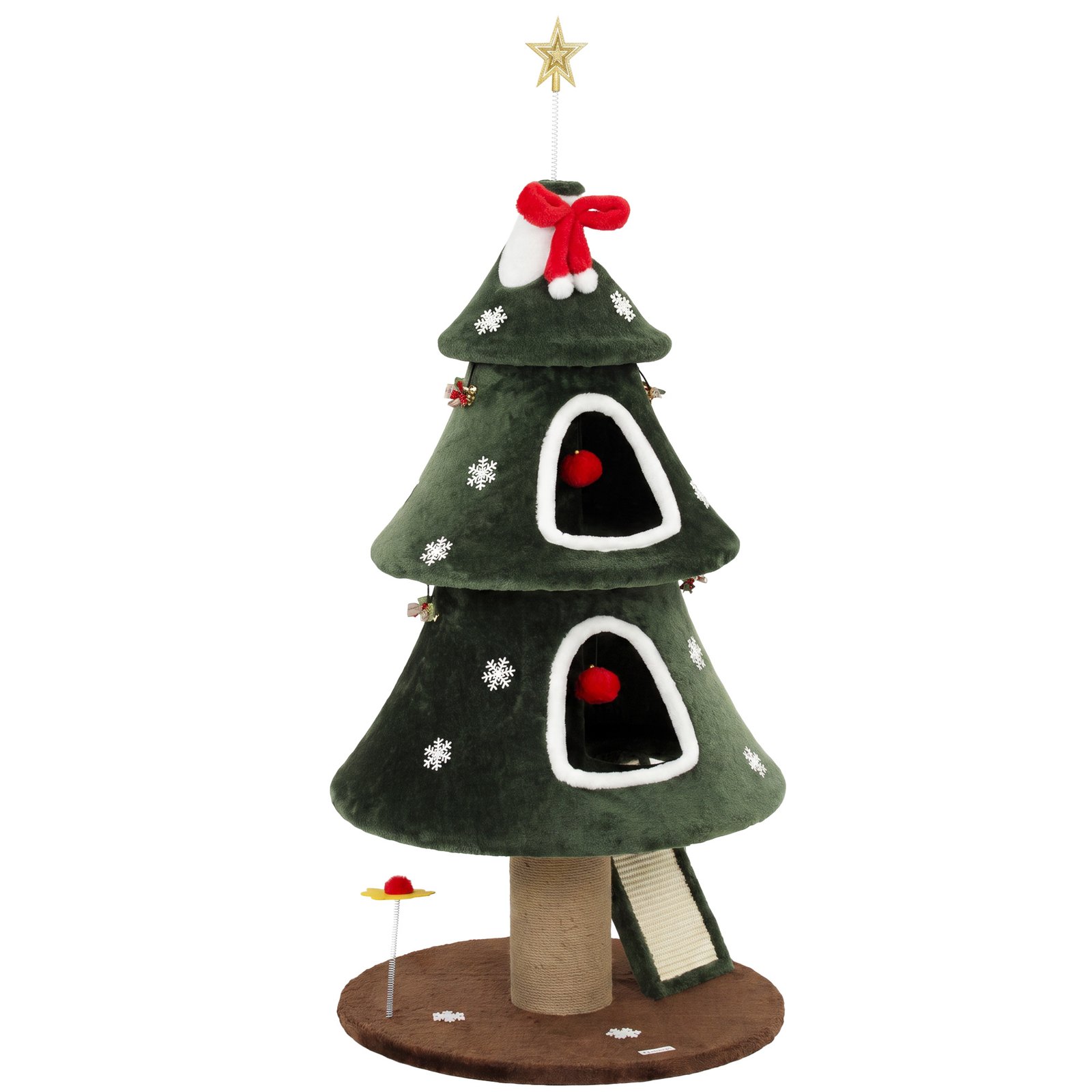 Cat Tree, Christmas Cat Tower with Dual Condos, Sisal Ladder, Jute Posts, Anti-Tip Rope, Hanging Balls, 60 x 60 x 132 cm