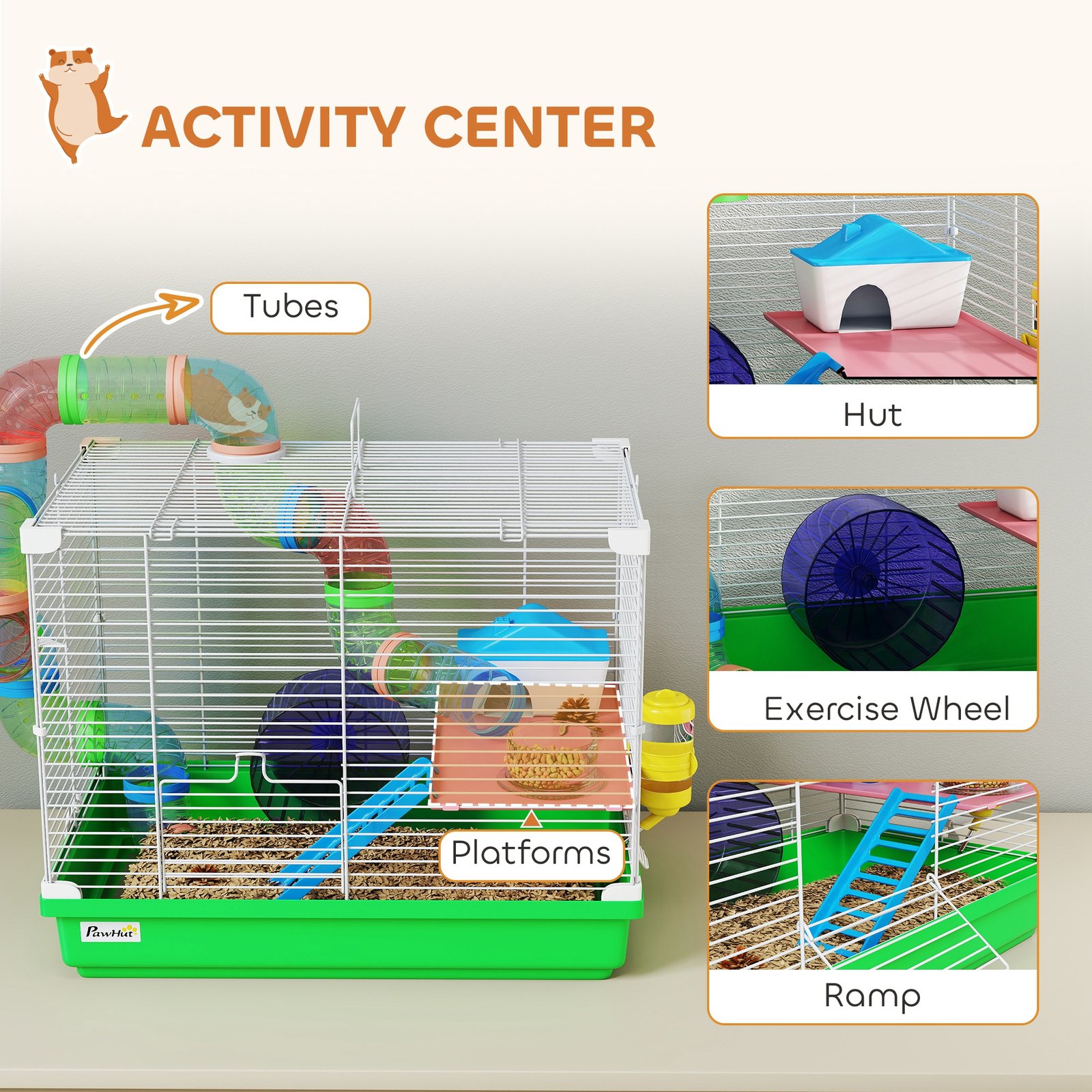 2 Tier Hamster Cage, Gerbil Cage with Handle, Exercise Wheels, Tunnel, Water Bottle, Dishes, Ladder, for Dwarf
