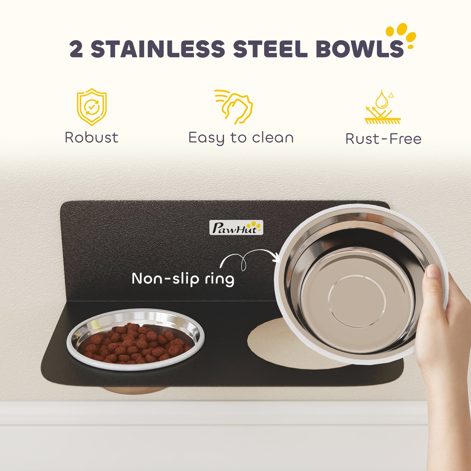Wall Mount Dog Bowls, Adjustable Height Raised Dog Feeding Station with 2 Stainless Steel Bowls, 10kg Capacity, Black