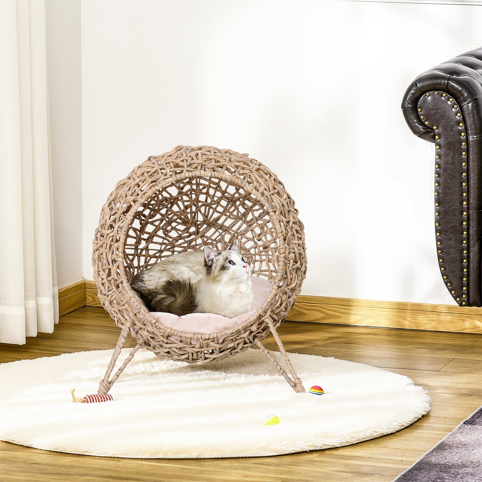 Rattan Elevated Cat Bed House Kitten Basket Ball-Shaped Pet Furniture w/ Removable Cushion - Natural