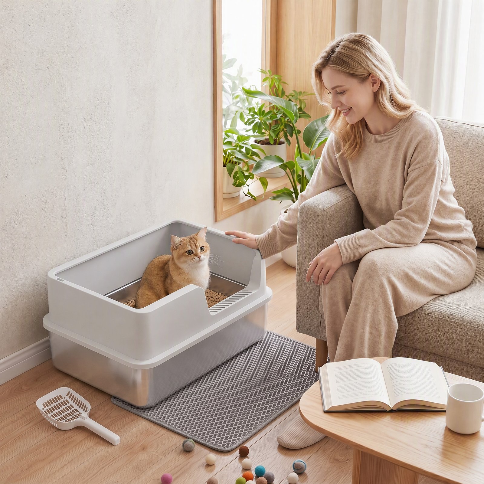 XL Stainless Steel Cat Litter Tray with Lid, High Sided Cat Litter Box with Scoop and Mat, Light Grey