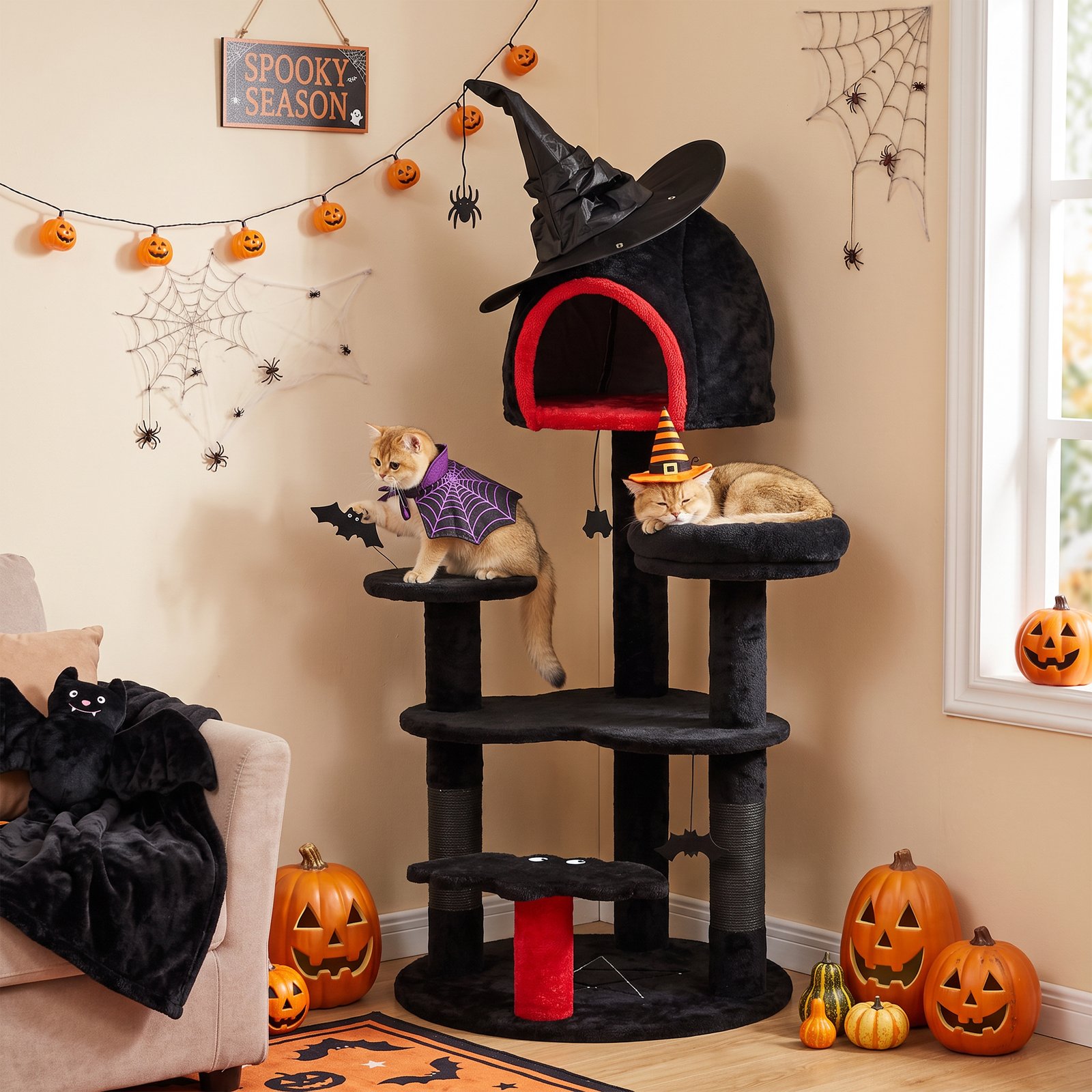 Gothic Cat Tree, 155cm Cat Tower for Indoor Kittens, Multi-Level Stable Kitten Activity Centre, Black, Halloween