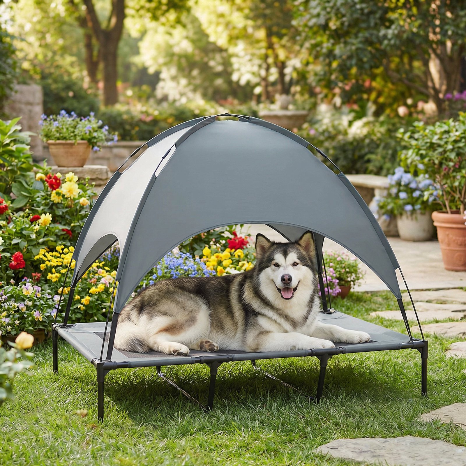 Outdoor Dog Bed with Removable Canopy, Portable Raised Dog Bed for Camping, Garden & Beach, Water-Resistant UV-Protection Mesh Pet Cot Sun Lounger, for XL Pets, 122 x 92 x 108 cm, Grey