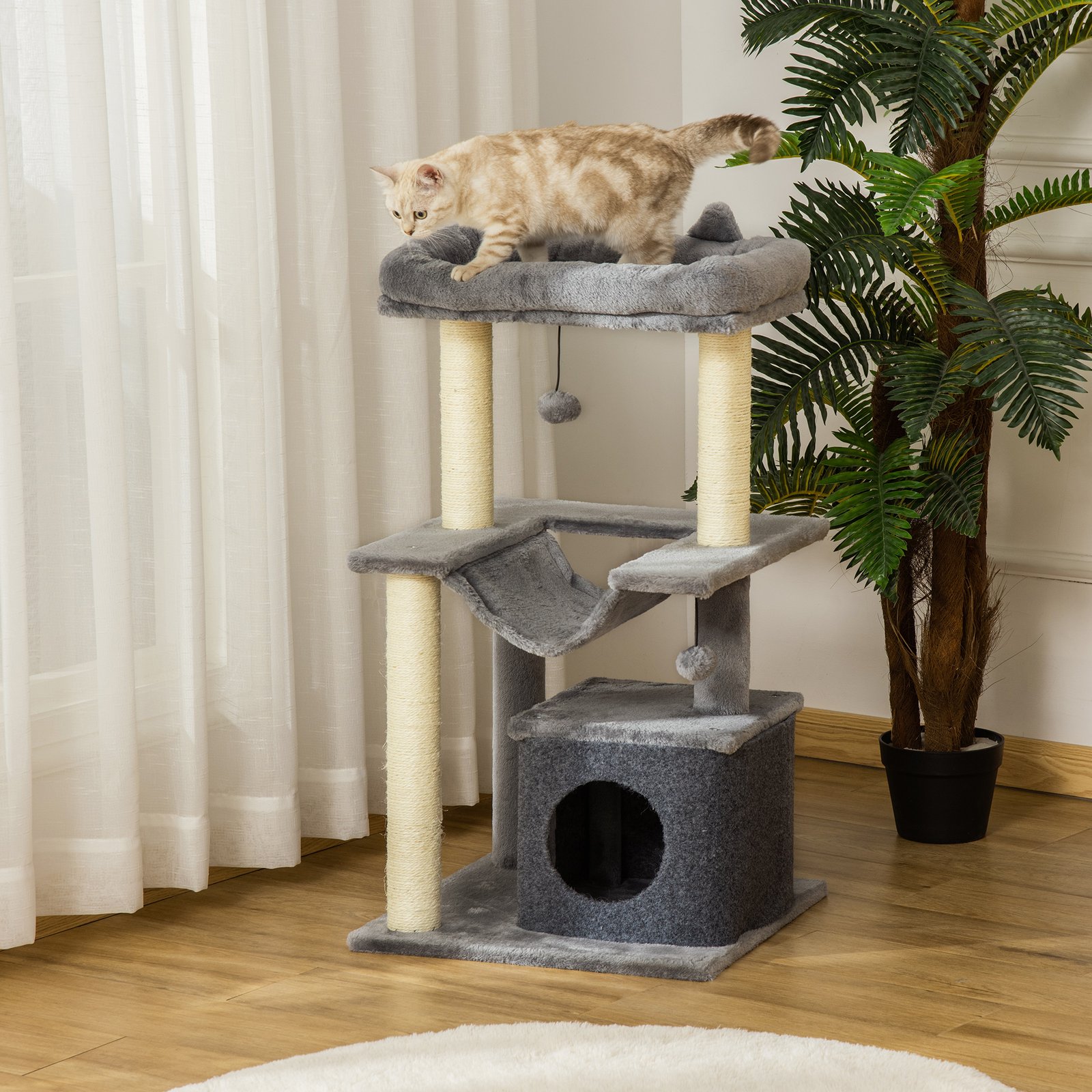 Cat Tree, 90cm Cat Tower with Sisal Scratching Posts, Cat Condo, Hammock, Top Perch and 2 Hanging Toys for Cats, Grey