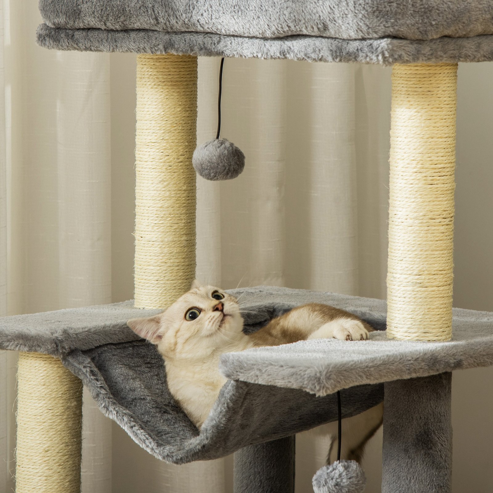 Cat Tree, 90cm Cat Tower with Sisal Scratching Posts, Cat Condo, Hammock, Top Perch and 2 Hanging Toys for Cats, Grey