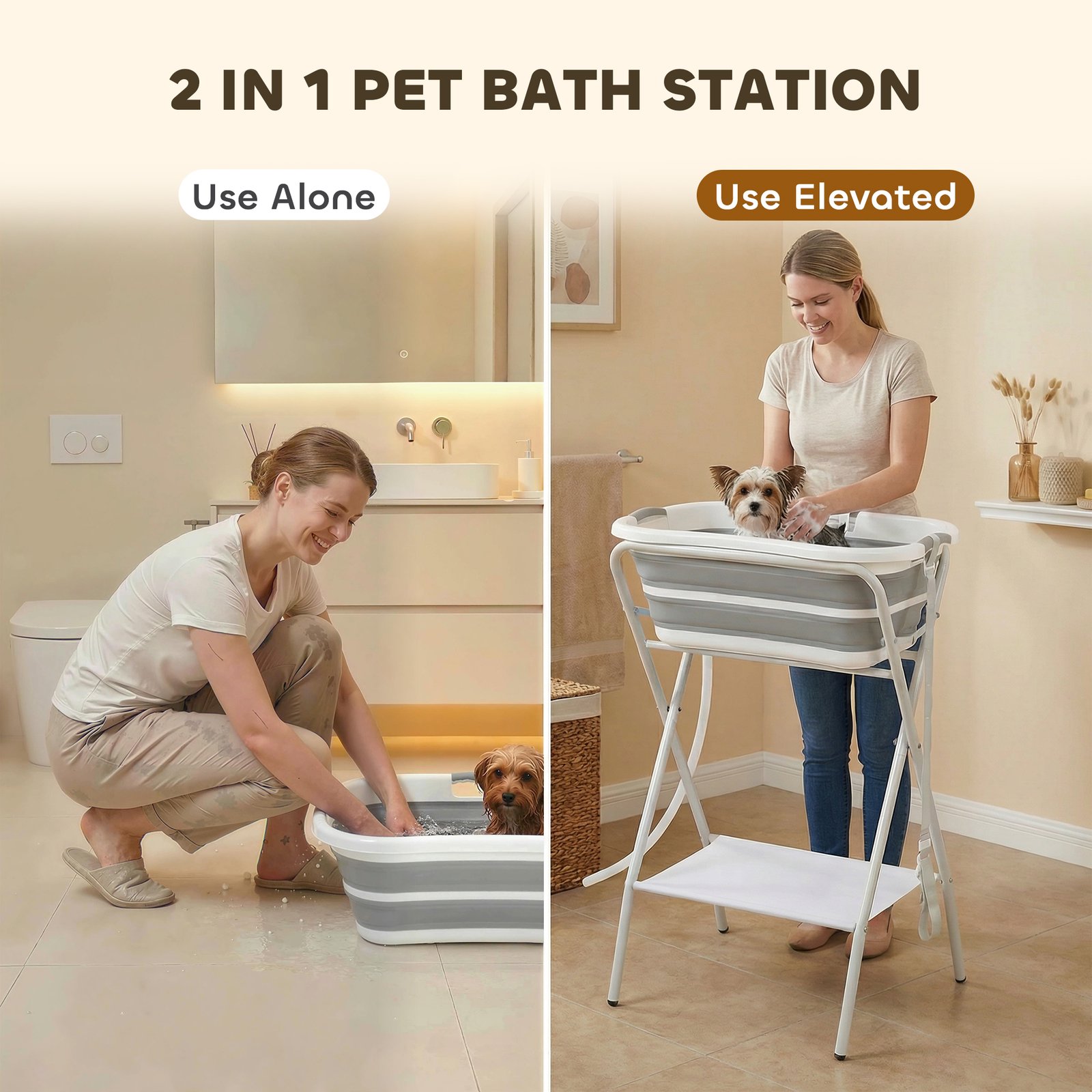 Dog Bath Tub, Portable Foldable Dog Bathtub with Stand, Drainage Hole, for Small Dogs Puppies Grey