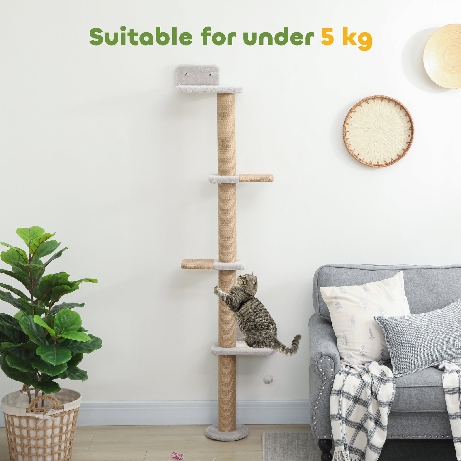 Wall Mounted Cat Shelves, Cat Climbing Wall with 4 Climbing Platforms, Jute Scratching Post and Toy Ball,180cm Tall, Light Grey