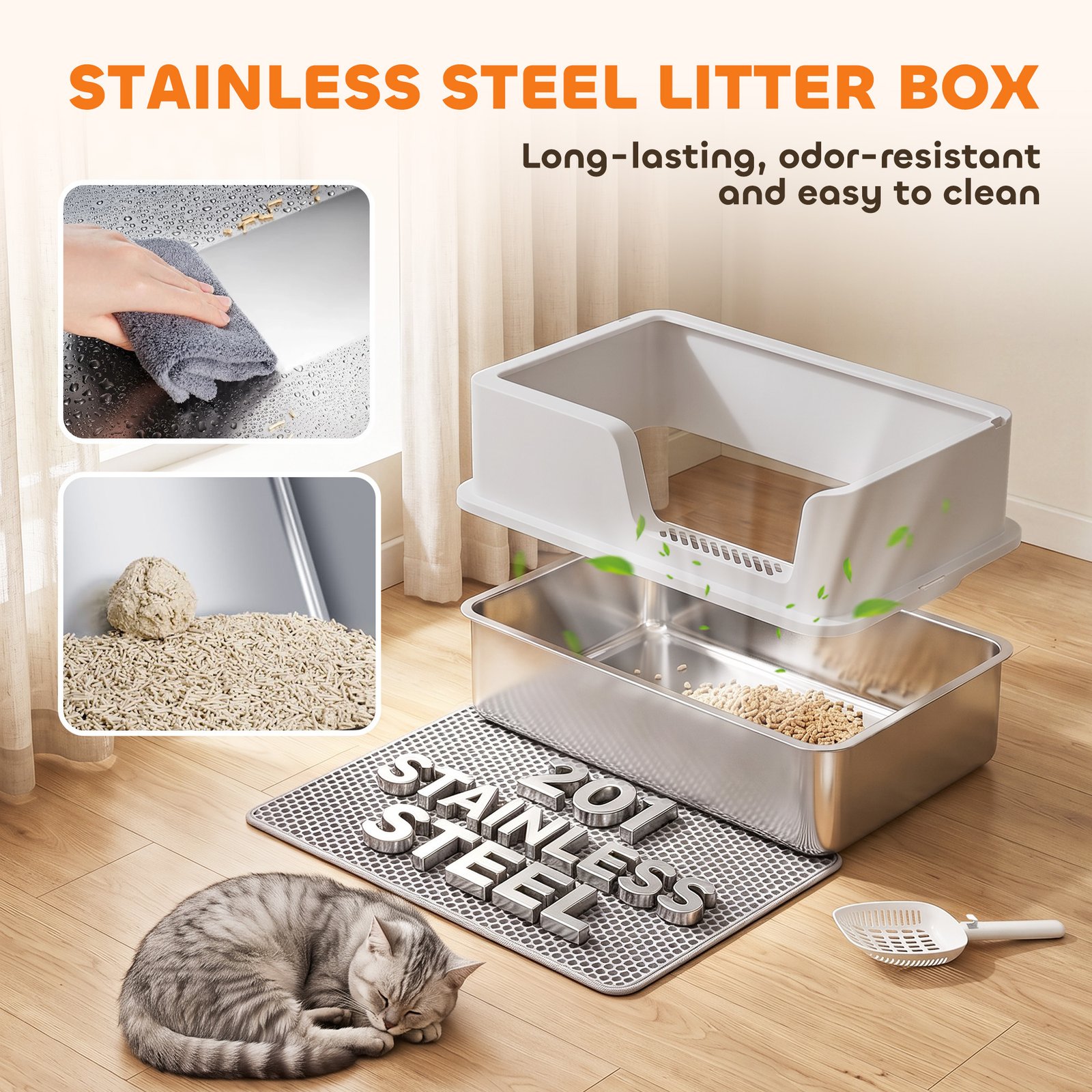 XL Stainless Steel Cat Litter Tray with Lid, High Sided Cat Litter Box with Scoop and Mat, Light Grey