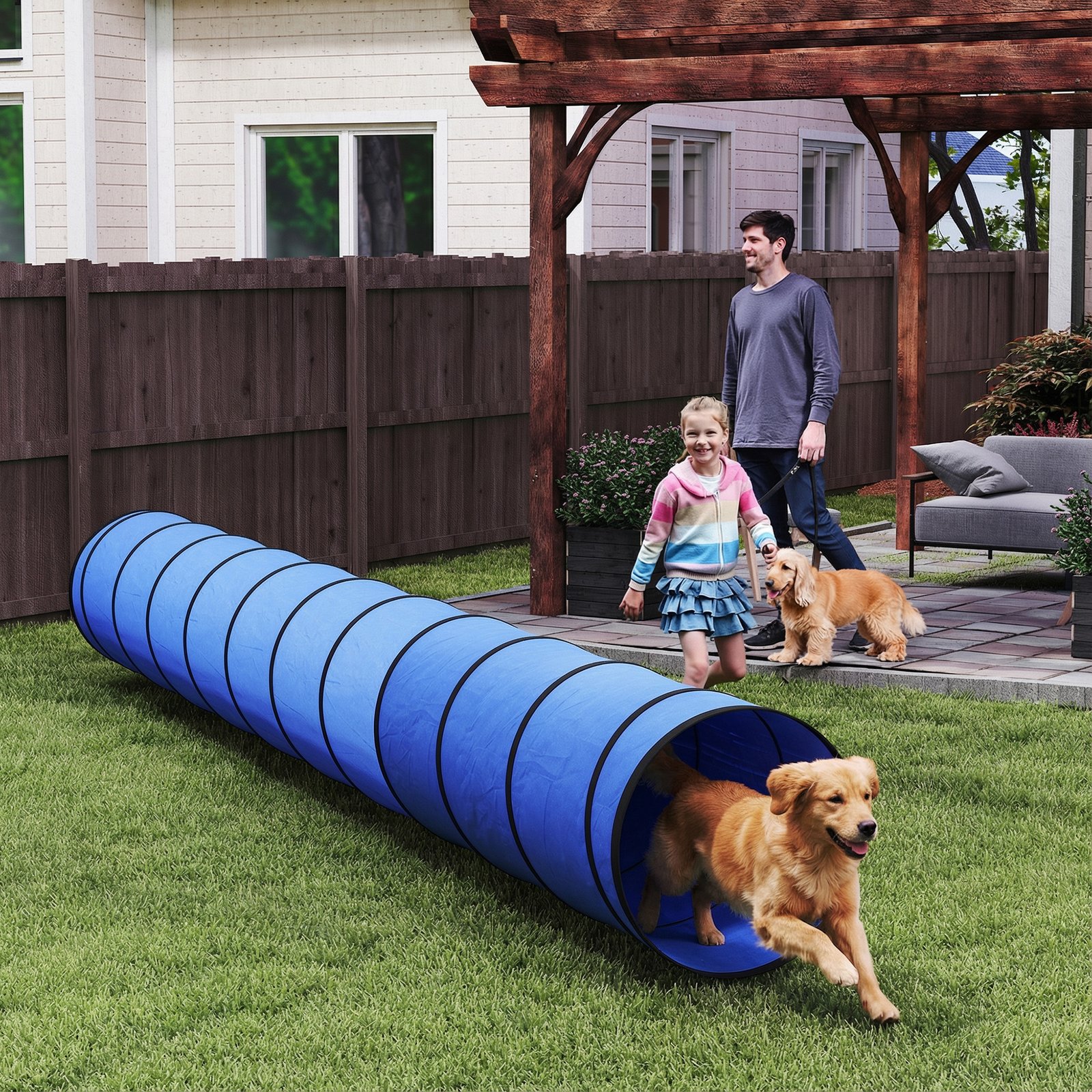 Dog Tunnel, 500 x 60 cm, Foldable Play Tunnel with 6 Pegs and Bag, Tear-Resistant Outdoor Dog Agility Equipment, Blue
