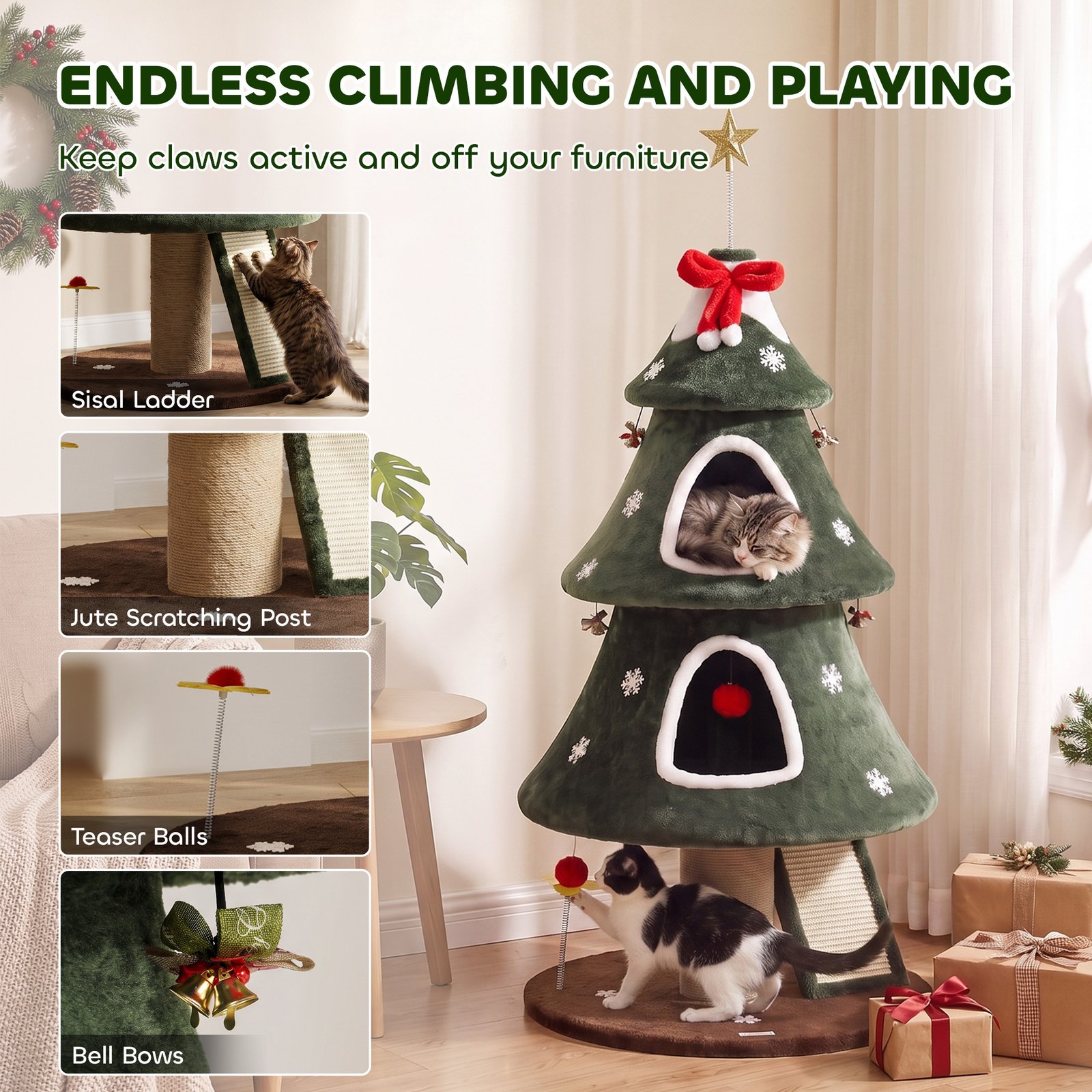 Cat Tree, Christmas Cat Tower with Dual Condos, Sisal Ladder, Jute Posts, Anti-Tip Rope, Hanging Balls, 60 x 60 x 132 cm