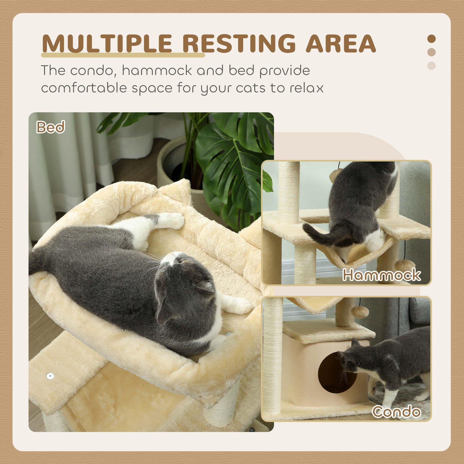 Cat Tree, 90cm Cat Tower with Sisal Scratching Posts, Cat Condo, Hammock, Top Perch and 2 Hanging Toys for Cats, Beige