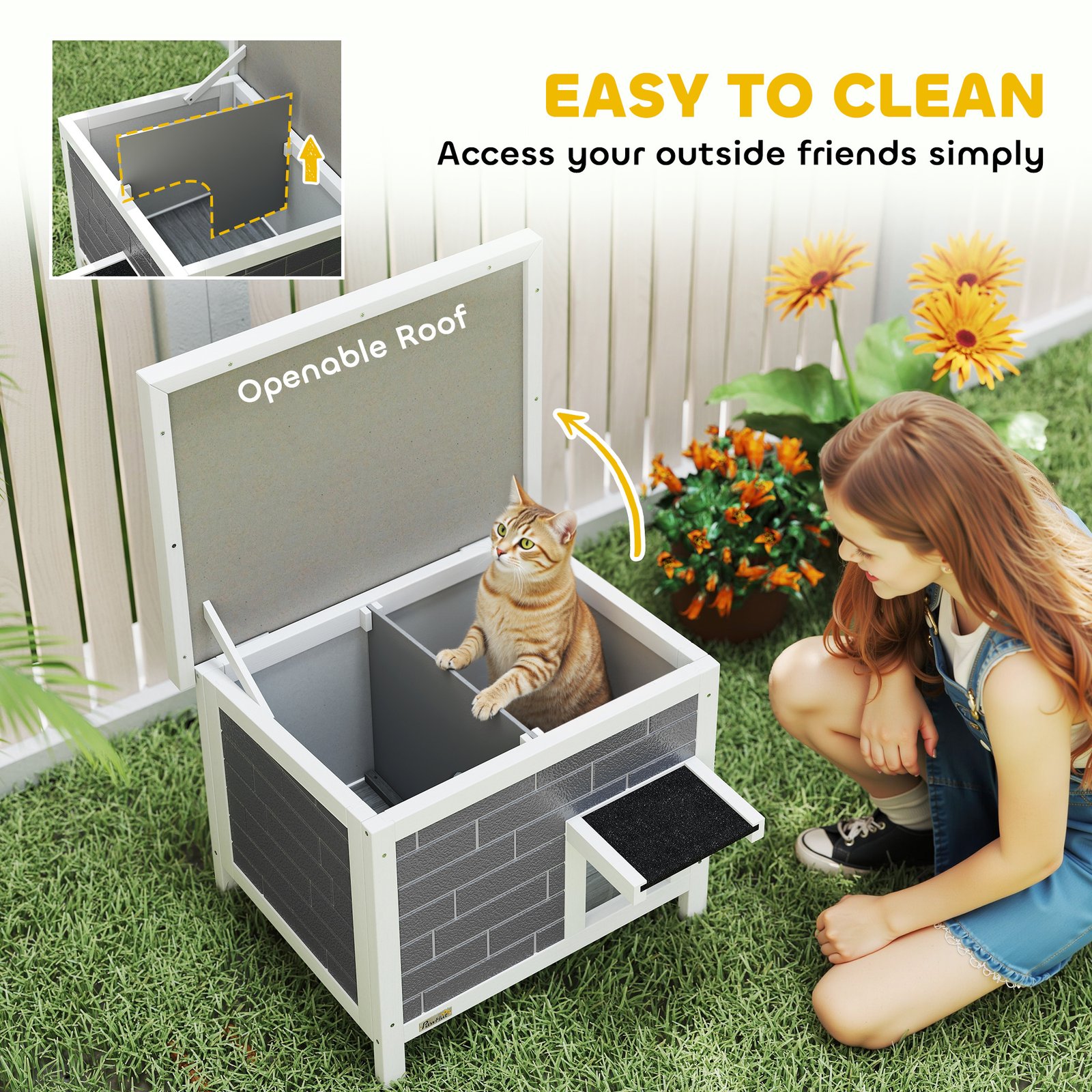 Outdoor Cat House Insulated with Openable Roof, Weatherproof Feral Cat Shelter for Rabbits, Cats, Grey