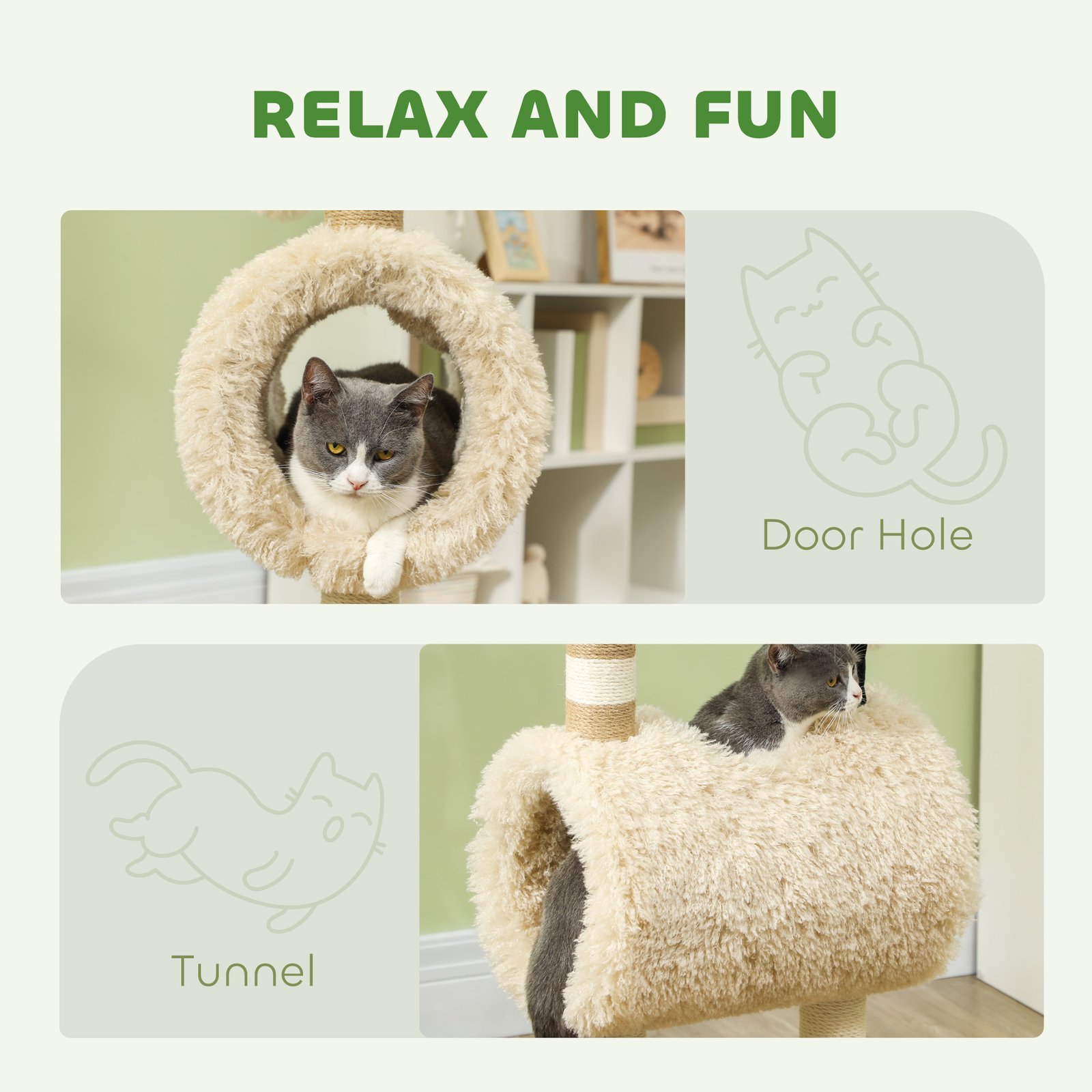 Cat Tree Sheep Design, 98 cm Multi-Level Cat Tower with Scratching Posts, Tunnel & Play Ball, Light Brown
