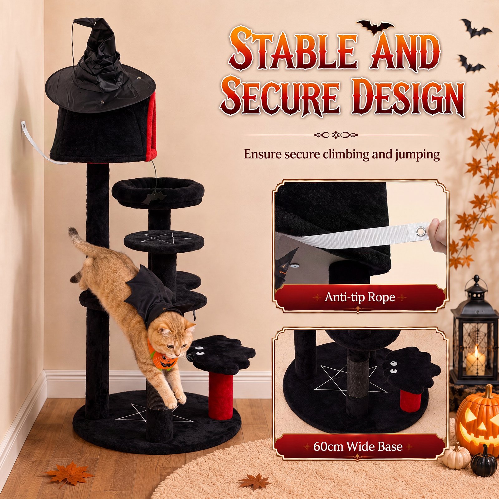 Gothic Cat Tree, 155cm Cat Tower for Indoor Kittens, Multi-Level Stable Kitten Activity Centre, Black, Halloween