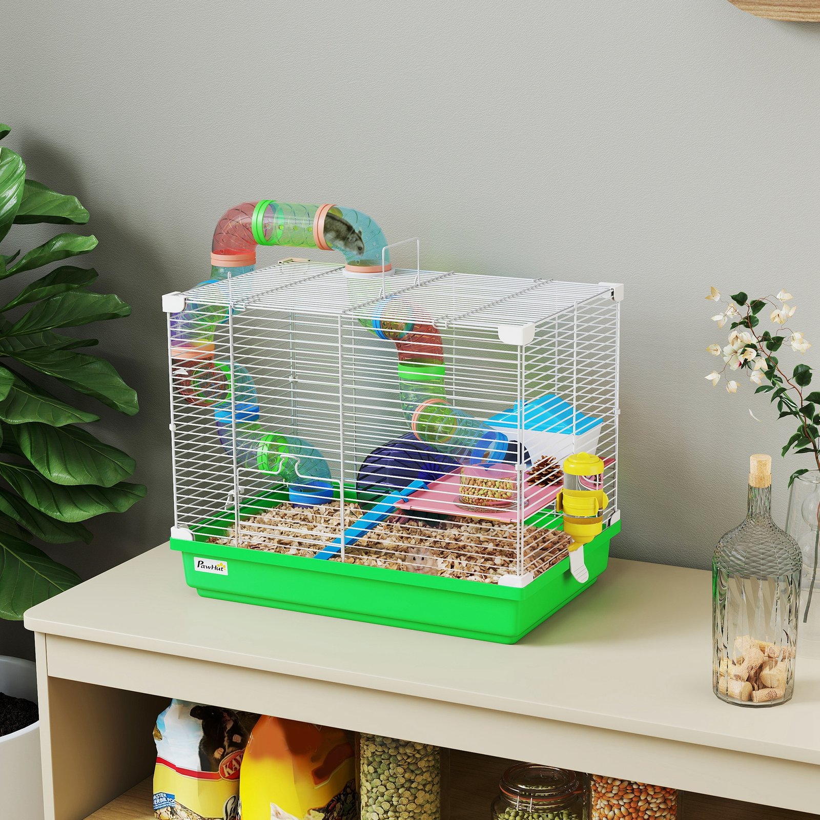 2 Tier Hamster Cage, Gerbil Cage with Handle, Exercise Wheels, Tunnel, Water Bottle, Dishes, Ladder, for Dwarf