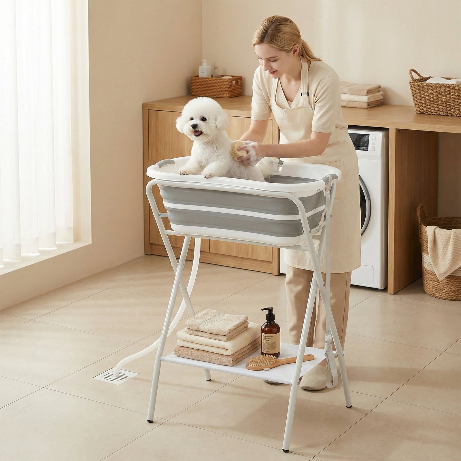 Dog Bath Tub, Portable Foldable Dog Bathtub with Stand, Drainage Hole, for Small Dogs Puppies Grey