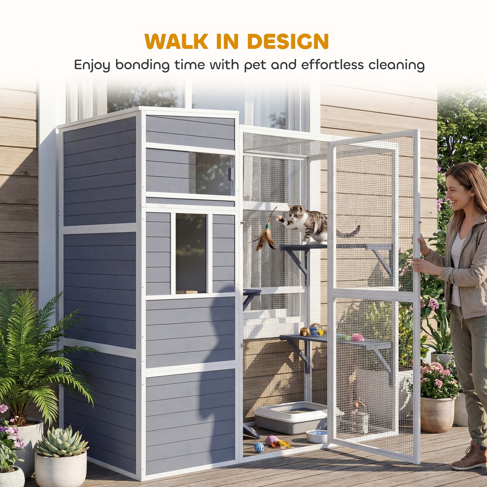 4-Tier Wooden Catio Cat Outdoor Enclosure with Sun Roof, Resting Rooms, 3 Platforms, Window Outdoor Indoor, Grey