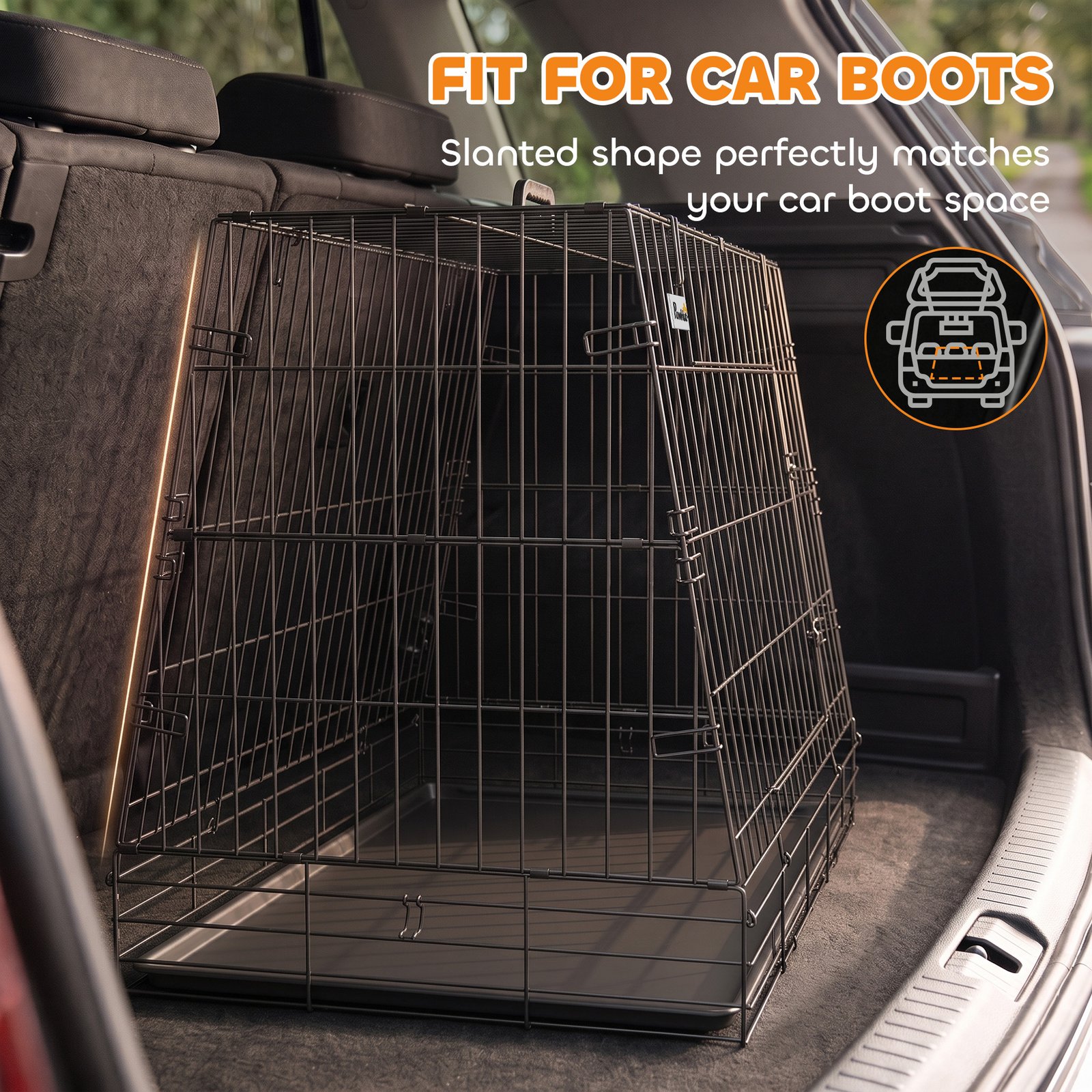 35"(90 cm) Car Dog Crate Medium Large Collapsible Slanted Travel Dog Cage with Tray for Car Boot
