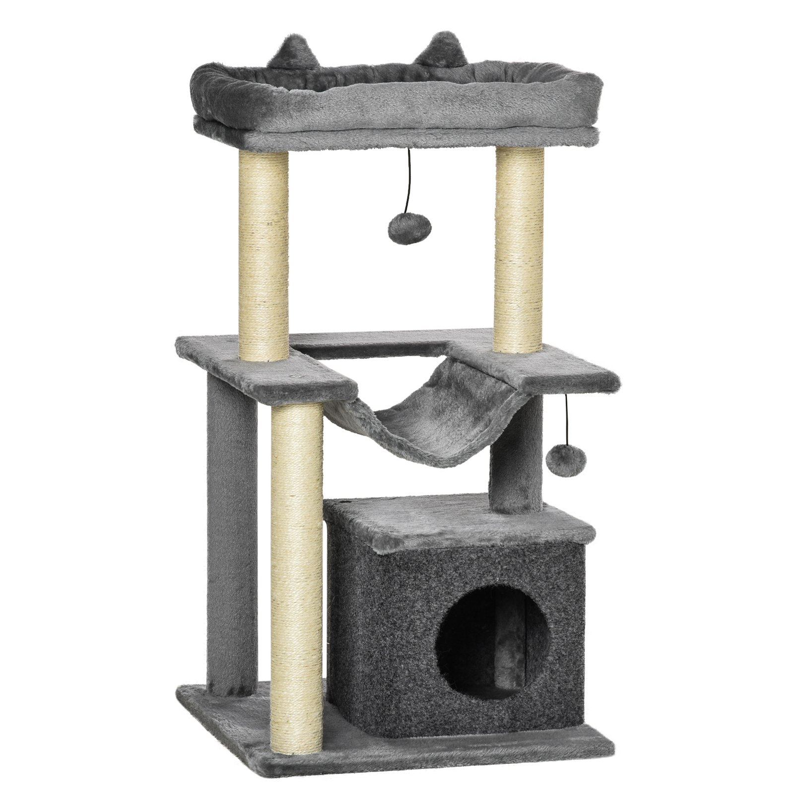Cat Tree, 90cm Cat Tower with Sisal Scratching Posts, Cat Condo, Hammock, Top Perch and 2 Hanging Toys for Cats, Grey
