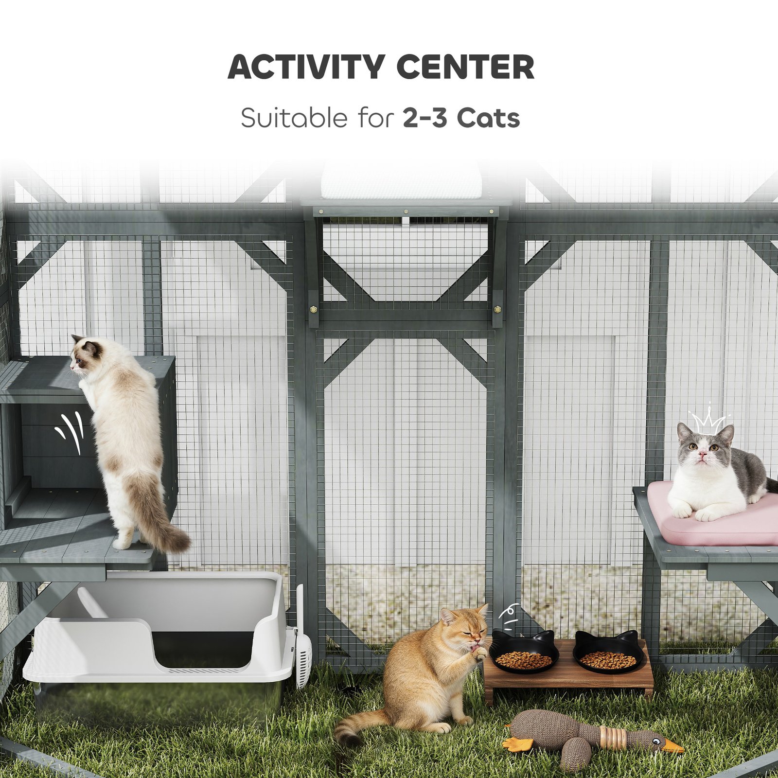 Catio Outdoor Cat Enclosure, Wooden Cat House with Platforms, Condo and Waterproof Cover for 2–3 Kittens, Grey