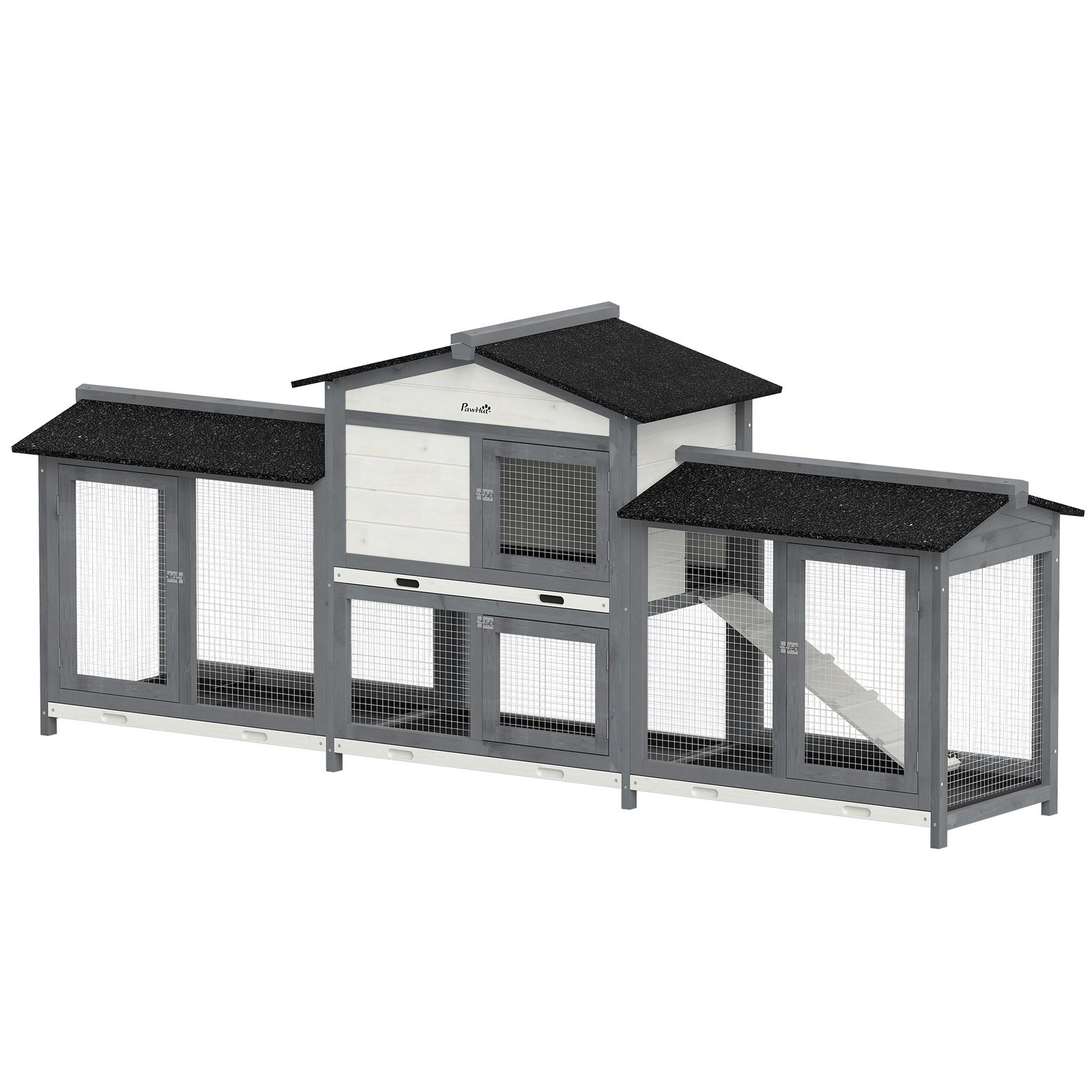 2-Tier Large Rabbit Hutch Outdoor with Double Side Run Boxes, No-leak Plastic Tray, Ramp, 230 x 53 x 93.5cm, Light Grey