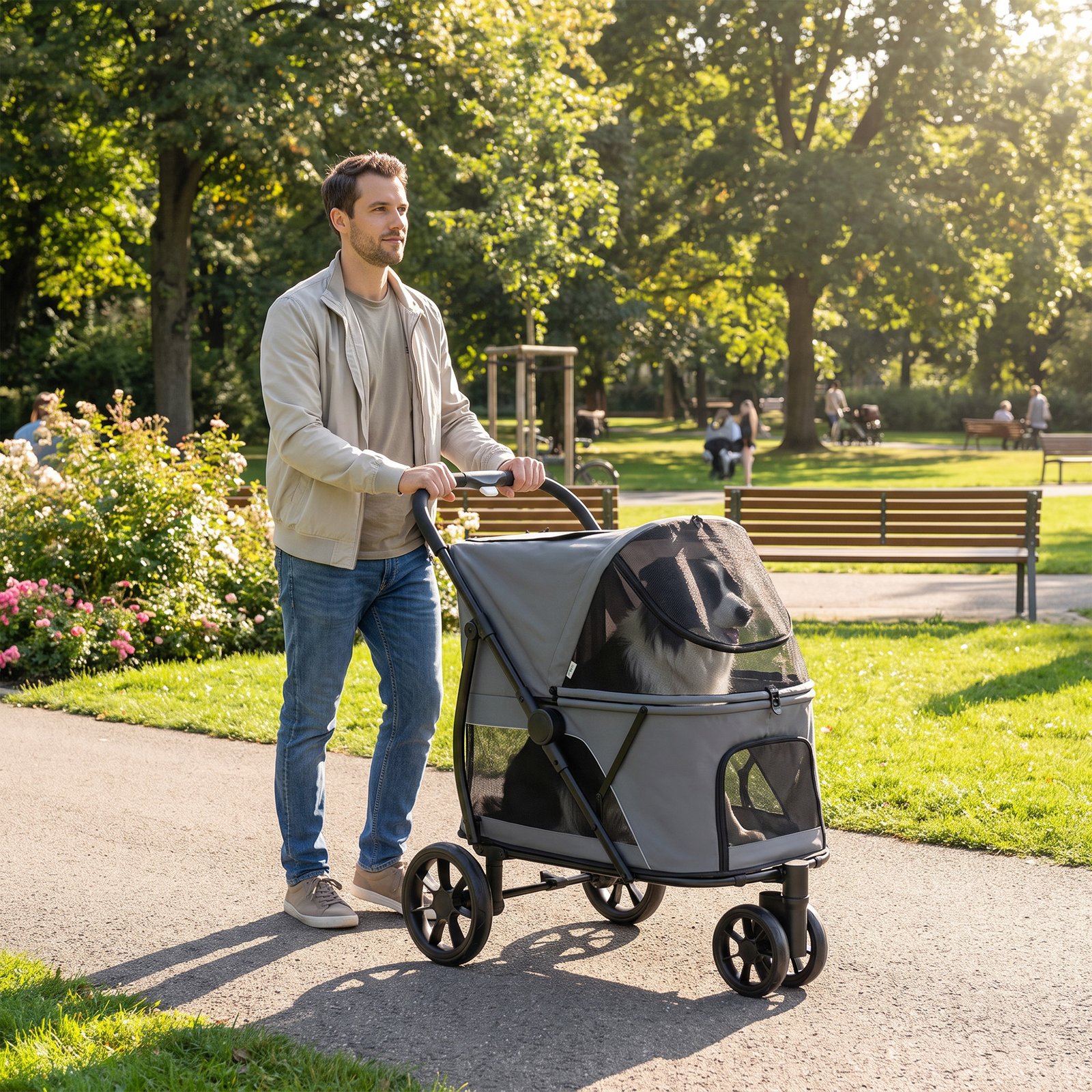 Dog Stroller, 3 Wheels Pet Stroller with Dual Entry, Easy One-Click Quick Fold, Mesh Windows, Washable Cushion