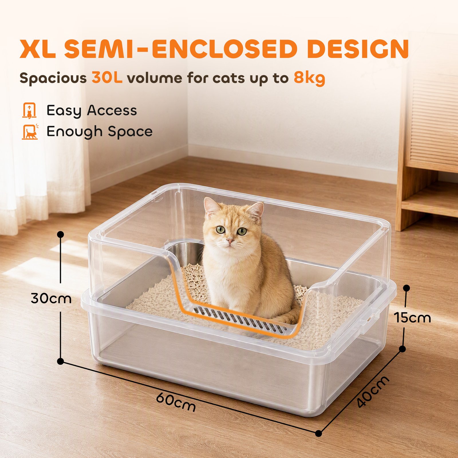 XL Stainless Steel Cat Litter Tray with Lid, High Sided Cat Litter Box with Scoop and Mat, Light Grey