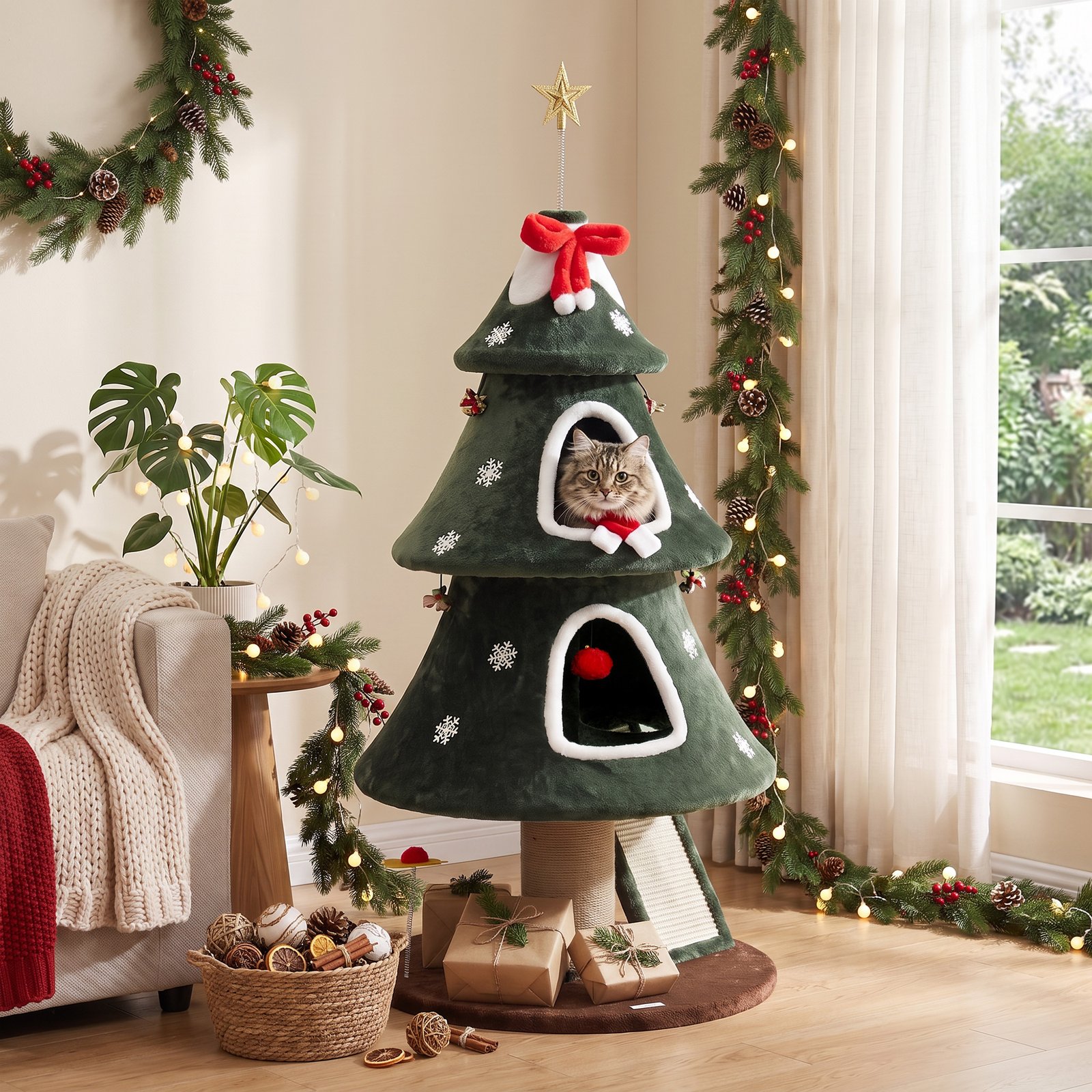 Cat Tree, Christmas Cat Tower with Dual Condos, Sisal Ladder, Jute Posts, Anti-Tip Rope, Hanging Balls, 60 x 60 x 132 cm