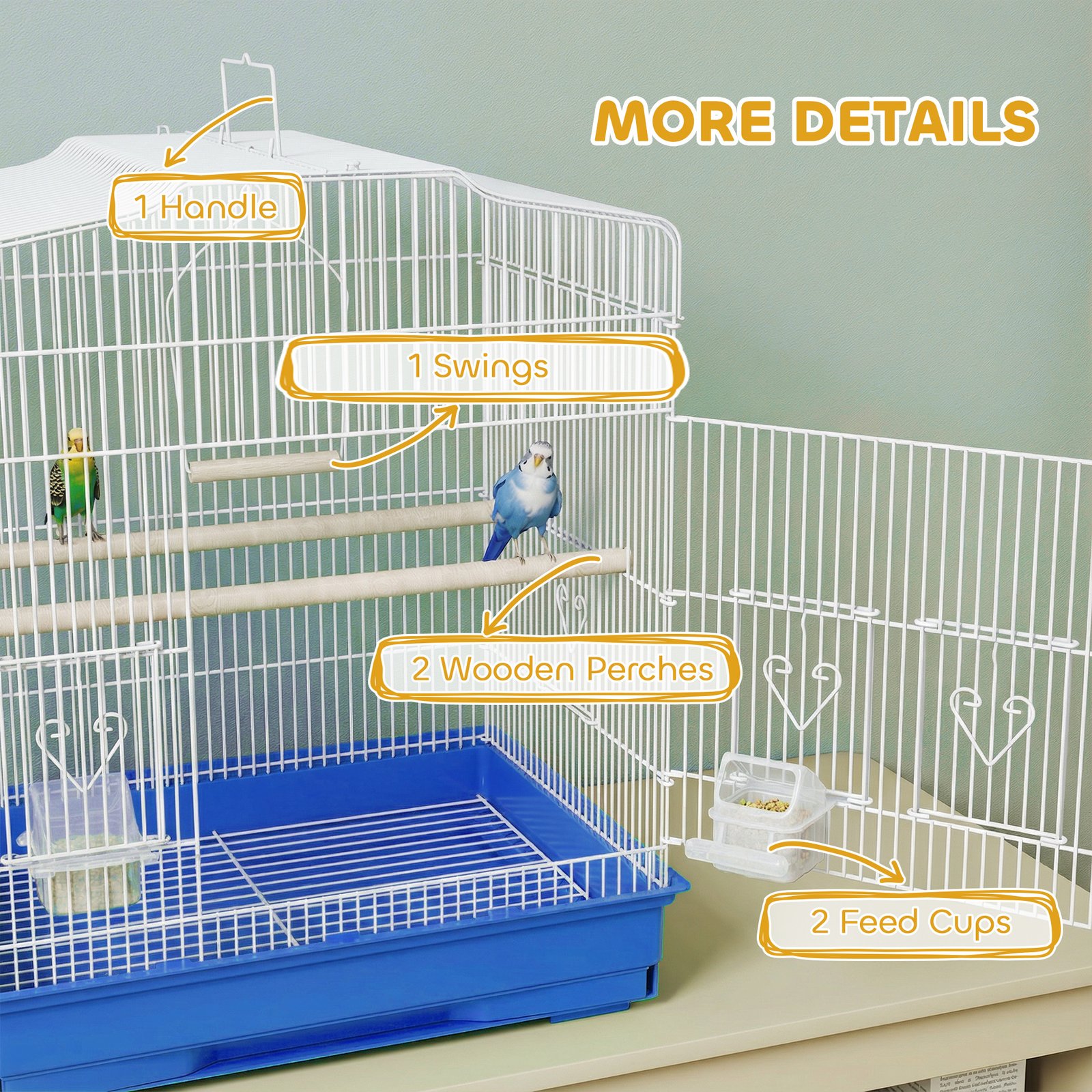 Large Metal Bird Cage with Perches, Food Bowls, Swing, for Budgies, Finches, Blue