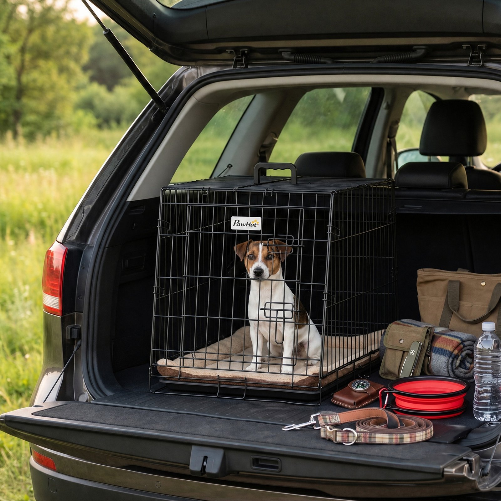30"(76 cm) Car Dog Crate Collapsible Slanted Travel Small Dog Cage with Tray & Handle 76L x 48W x 53H cm