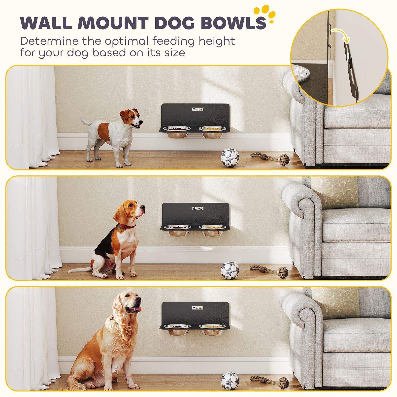 Wall Mount Dog Bowls, Adjustable Height Raised Dog Feeding Station with 2 Stainless Steel Bowls, 10kg Capacity, Black
