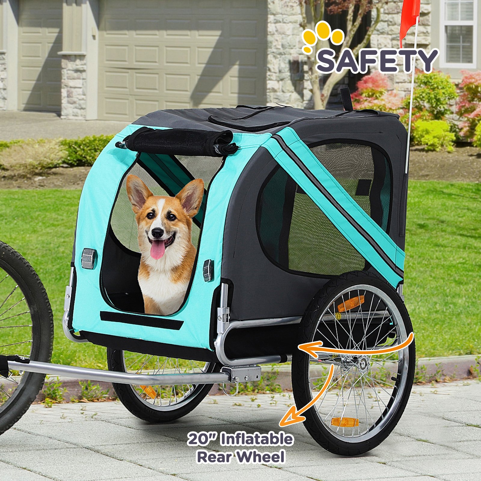 Folding Dog Bike Trailer Pet Cart Carrier for Bicycle Travel in Steel Frame with Hitch Coupler - Light Blue & Grey