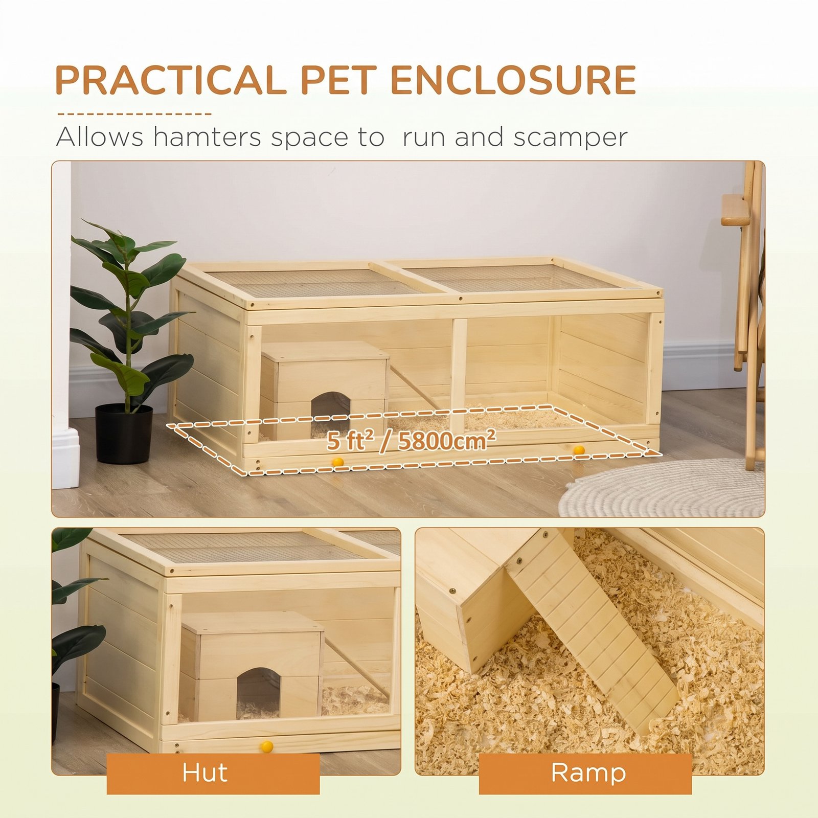 Wooden Hamster Cage with Sliding Tray, Openable Top, Hut for Syrian Hamster, Natural Wood Finish