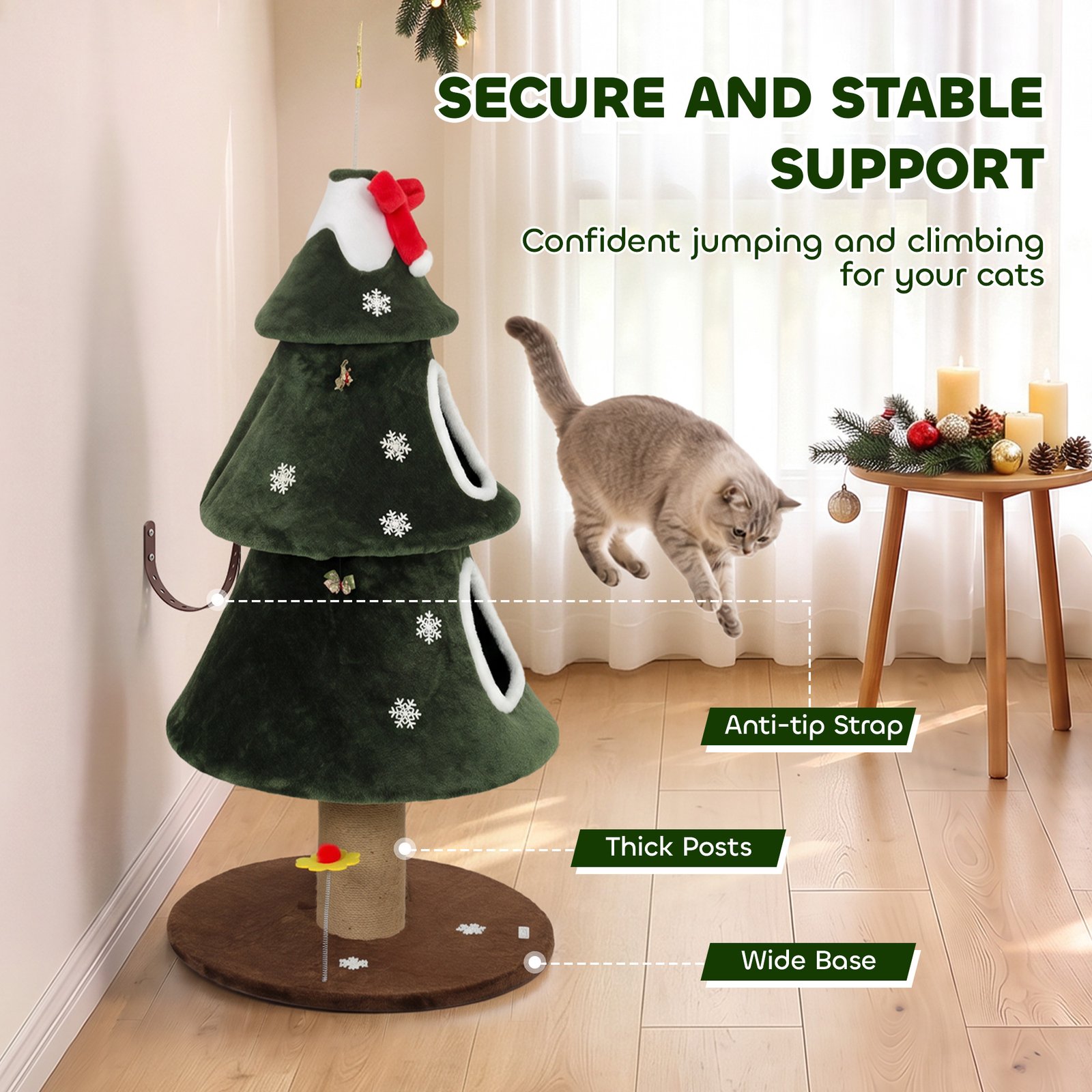 Cat Tree, Christmas Cat Tower with Dual Condos, Sisal Ladder, Jute Posts, Anti-Tip Rope, Hanging Balls, 60 x 60 x 132 cm